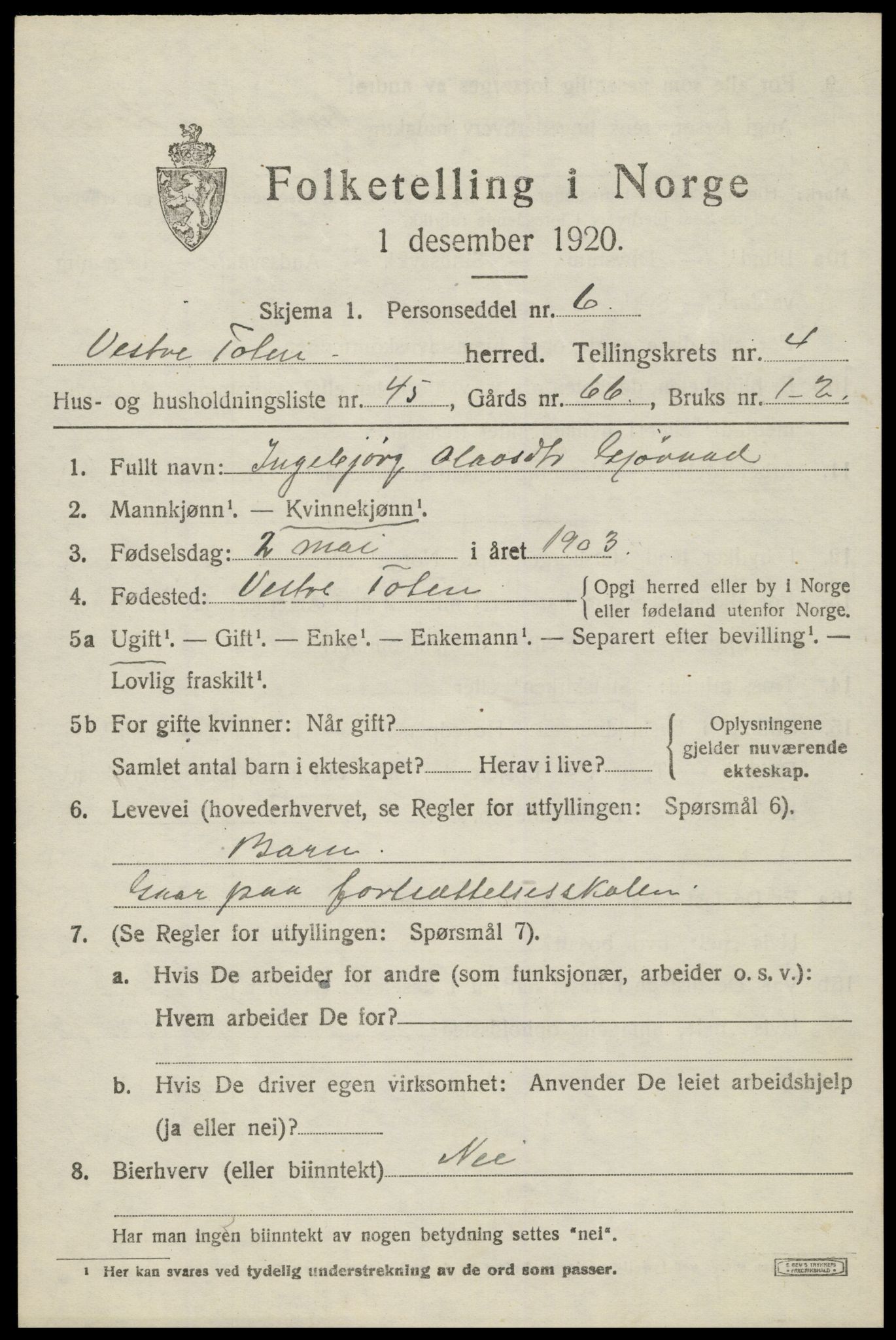 SAH, 1920 census for Vestre Toten, 1920, p. 6186