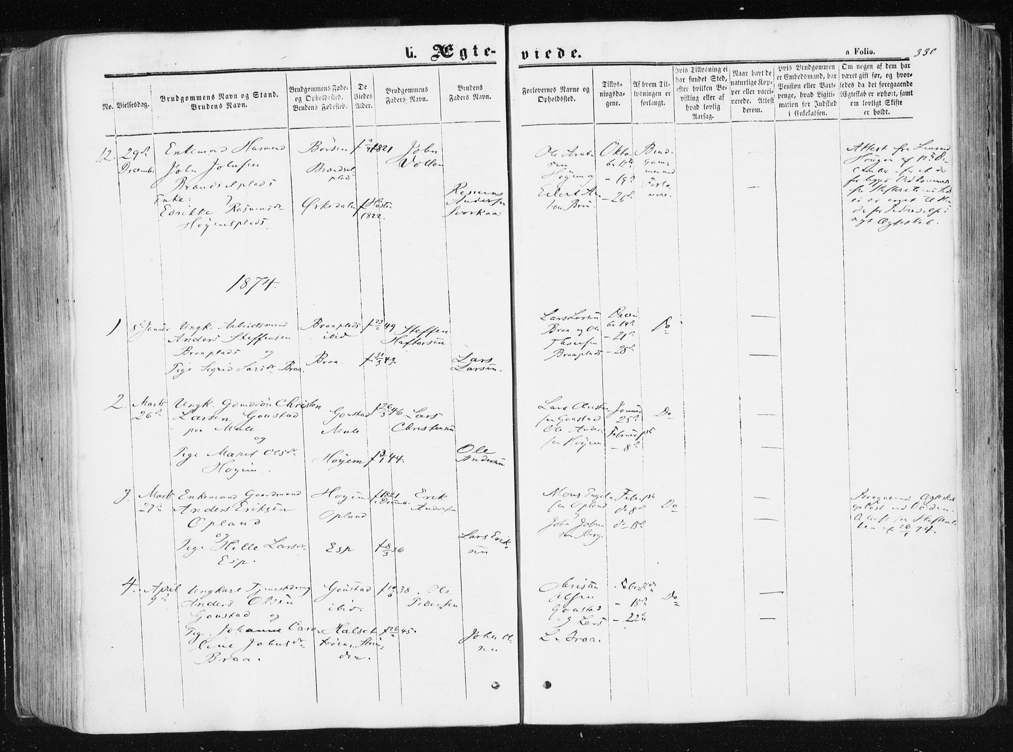 Ministerialprotokoller, klokkerbøker og fødselsregistre - Sør-Trøndelag, SAT/A-1456/612/L0377: Parish register (official) no. 612A09, 1859-1877, p. 330