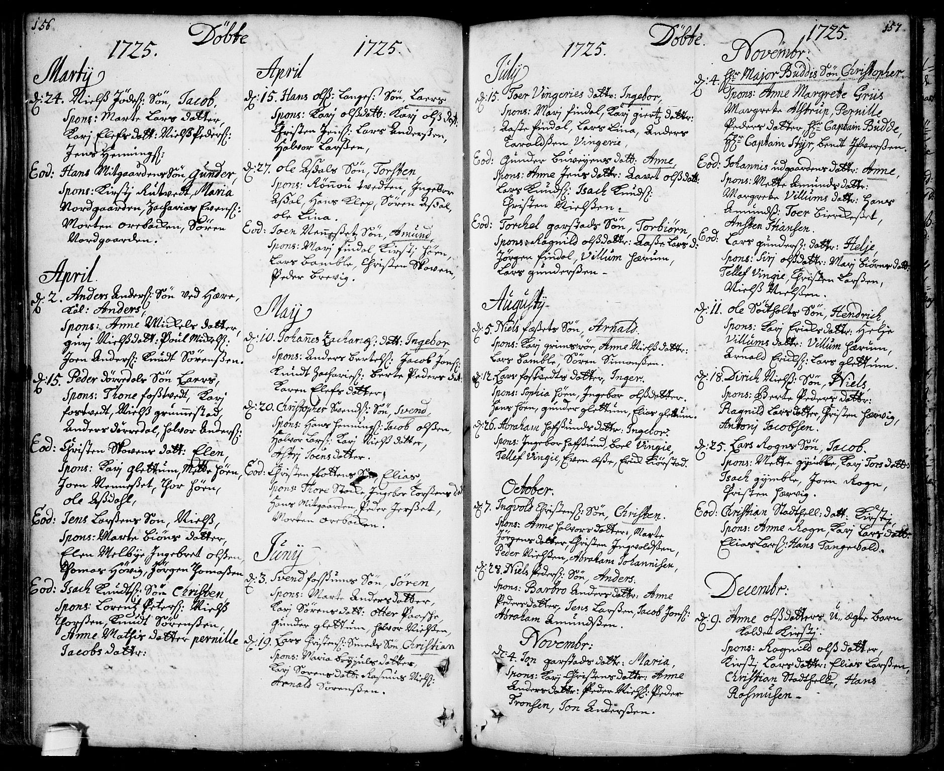 Bamble kirkebøker, SAKO/A-253/F/Fa/L0001: Parish register (official) no. I 1, 1702-1774, p. 156-157
