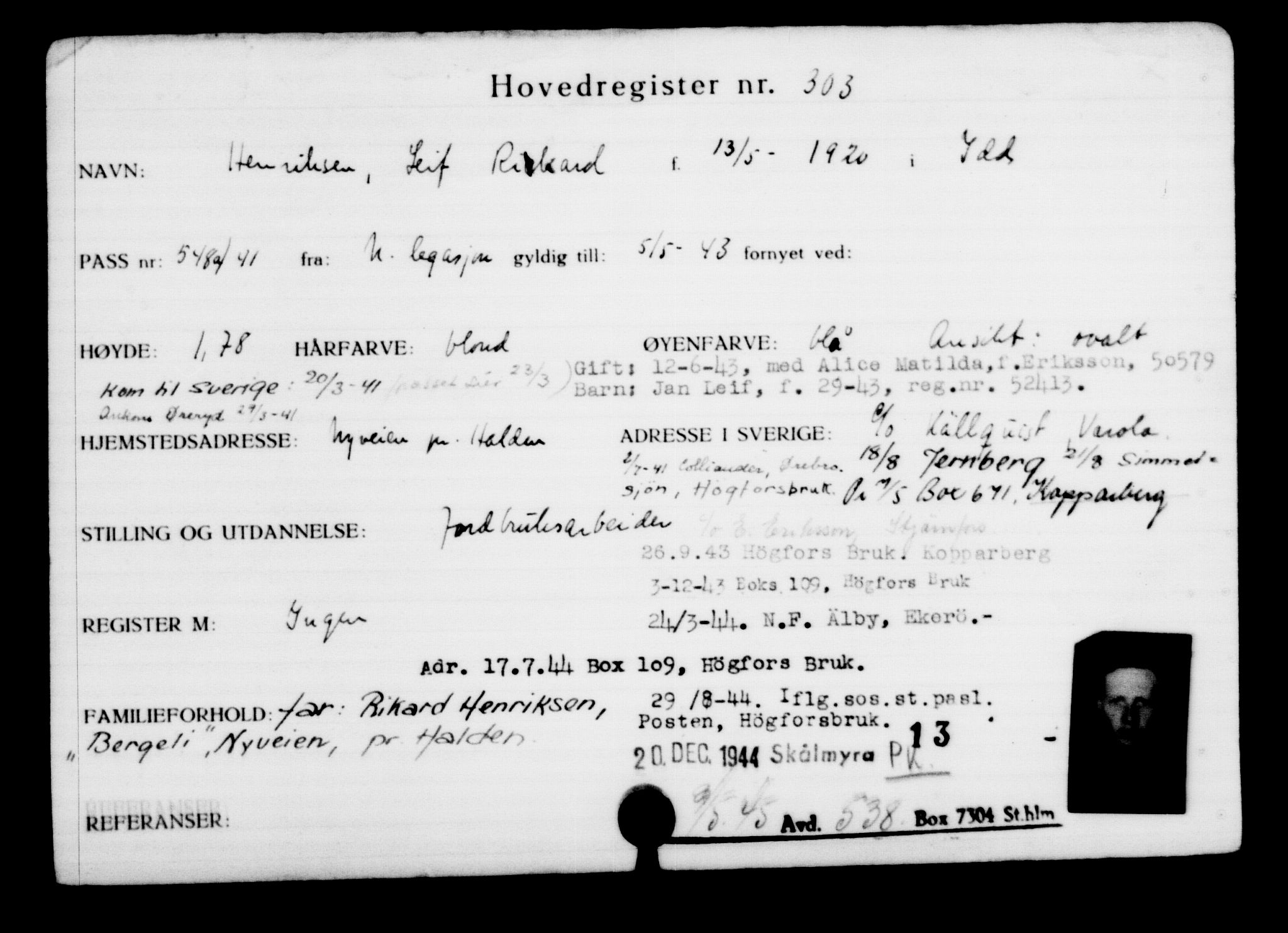 Utenriksstasjonene, Legasjonen i Stockholm, Flyktningkontoret, AV/RA-S-6753/V/Va/L0001: Kjesäterkartoteket, flyktninger med registreringsnr. 1-1000, 1940-1945, p. 483
