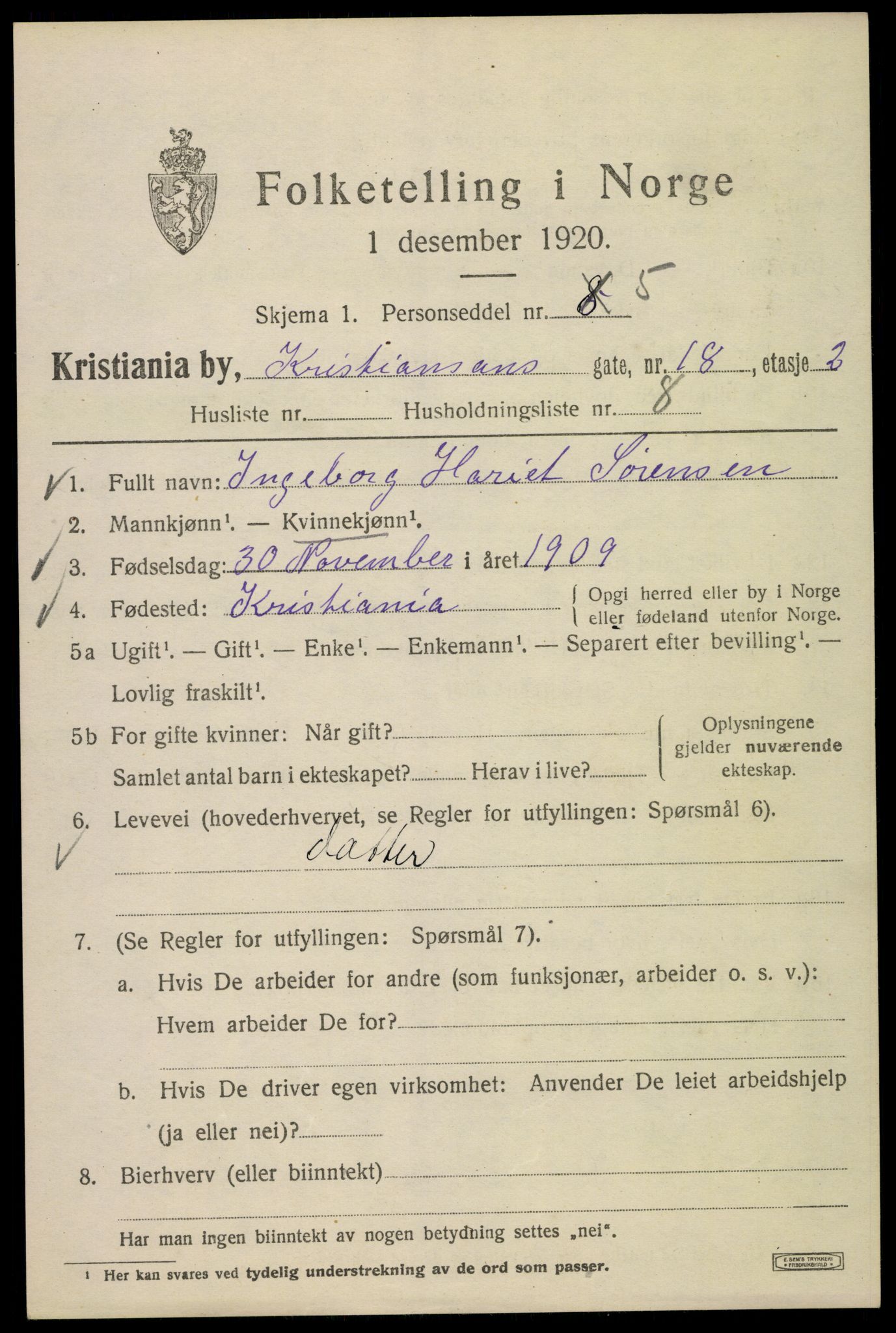 SAO, 1920 census for Kristiania, 1920, p. 353005