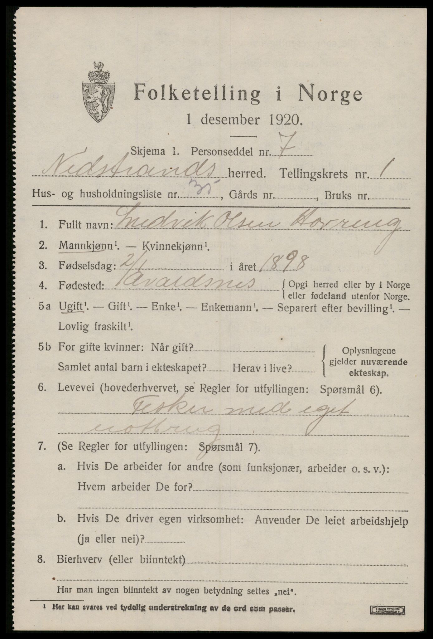 SAST, 1920 census for Nedstrand, 1920, p. 985