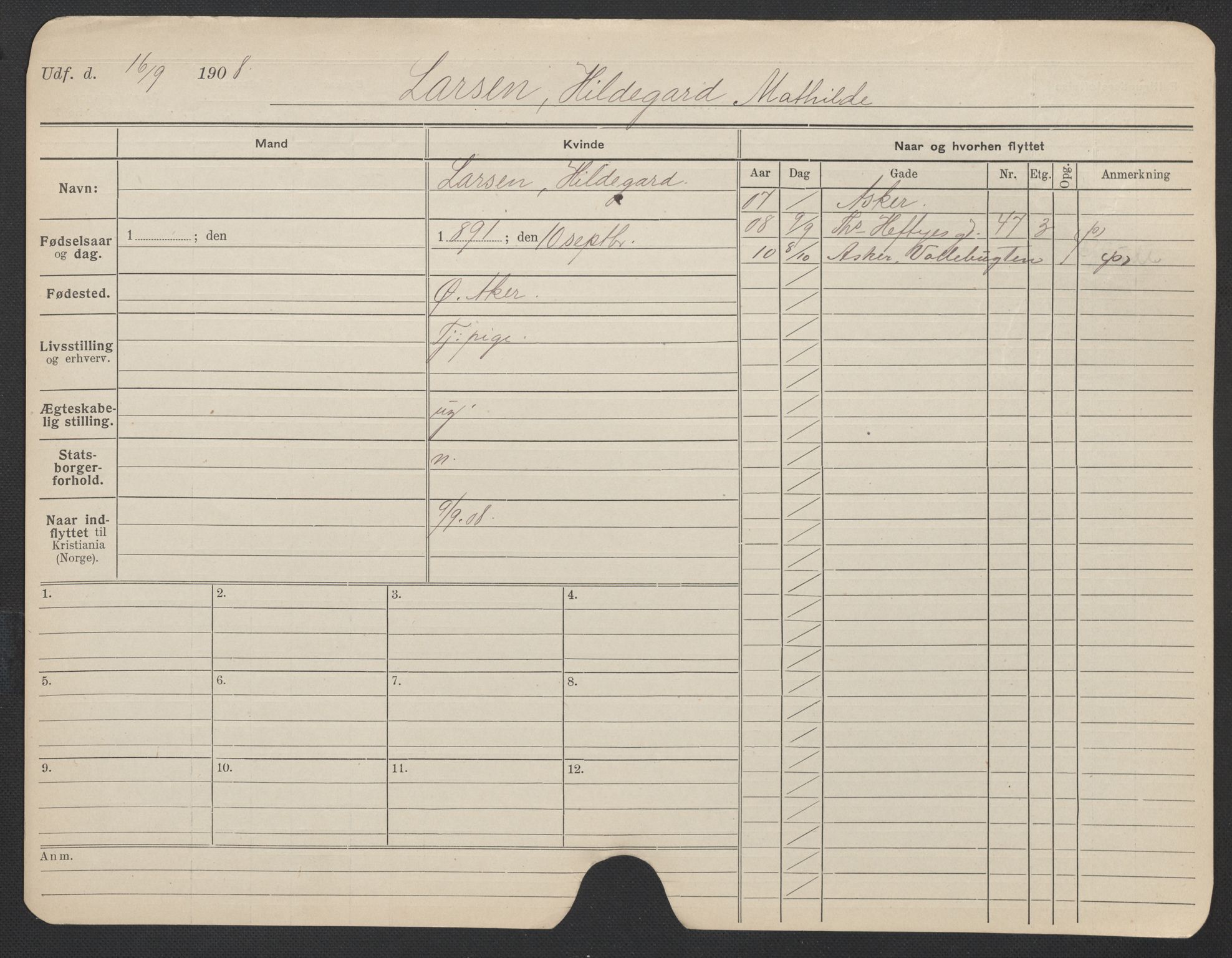 Oslo folkeregister, Registerkort, AV/SAO-A-11715/F/Fa/Fac/L0019: Kvinner, 1906-1914, p. 927a