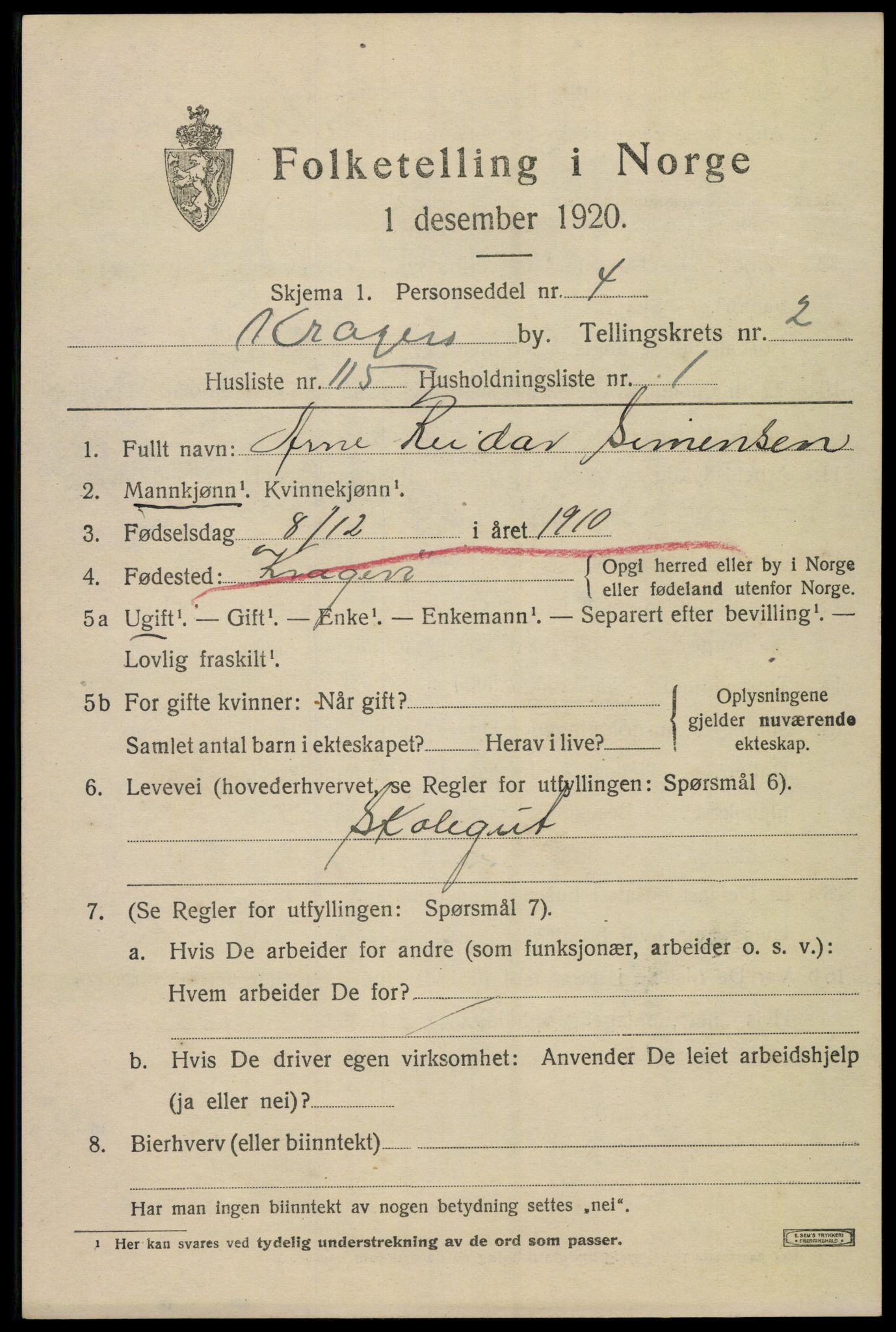 SAKO, 1920 census for Kragerø, 1920, p. 6659