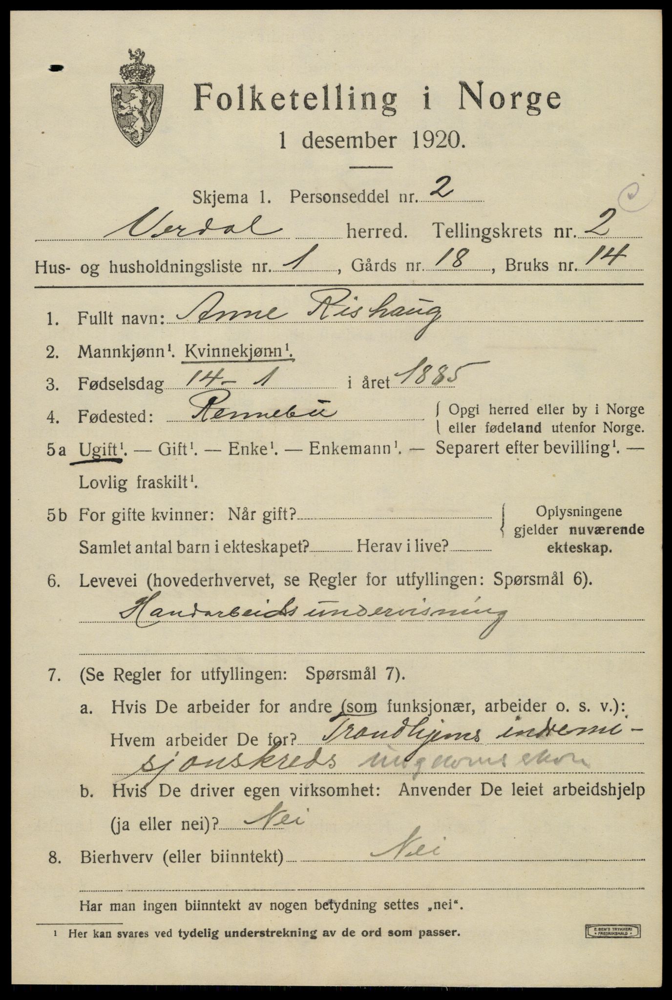 SAT, 1920 census for Verdal, 1920, p. 5329