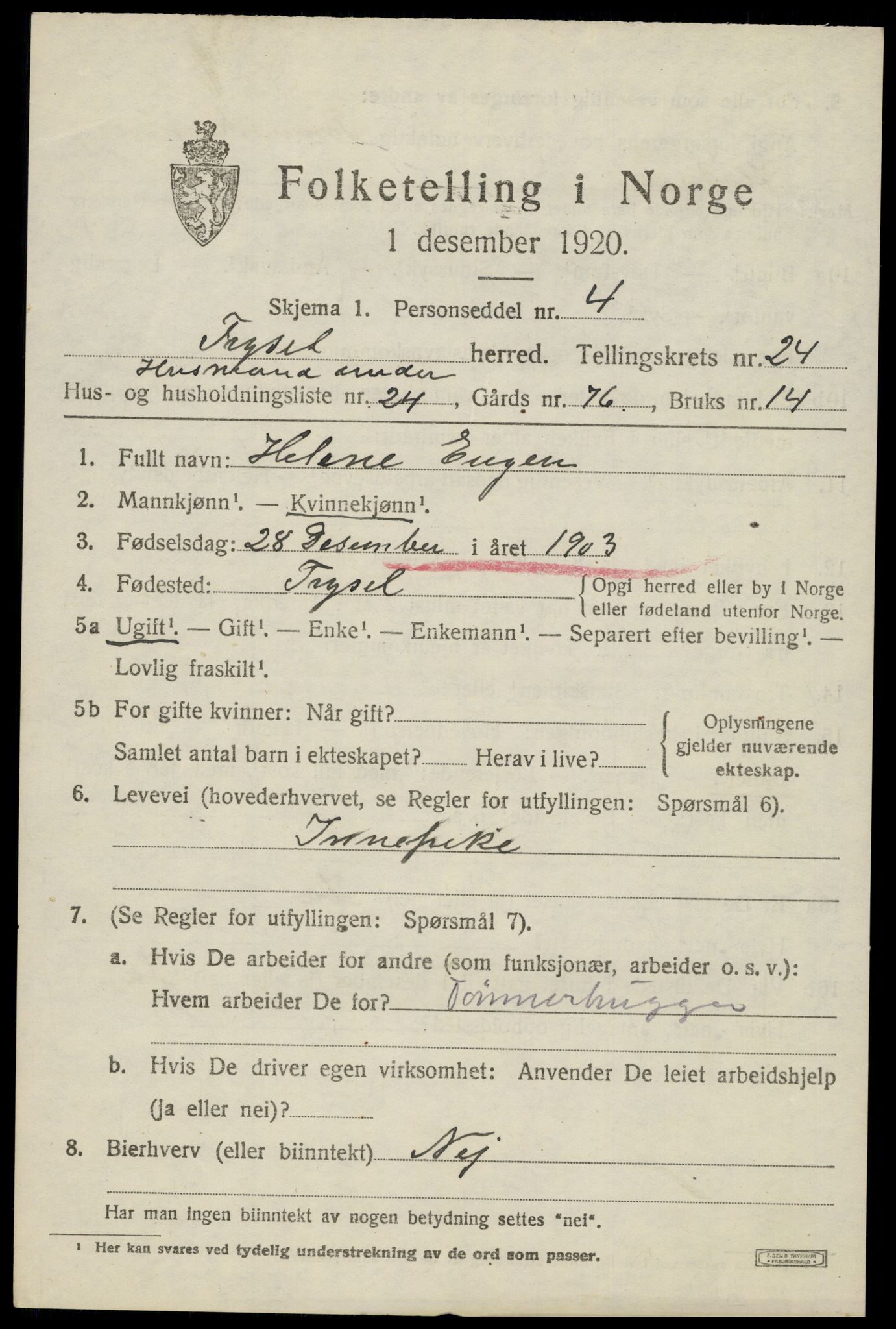 SAH, 1920 census for Trysil, 1920, p. 15509