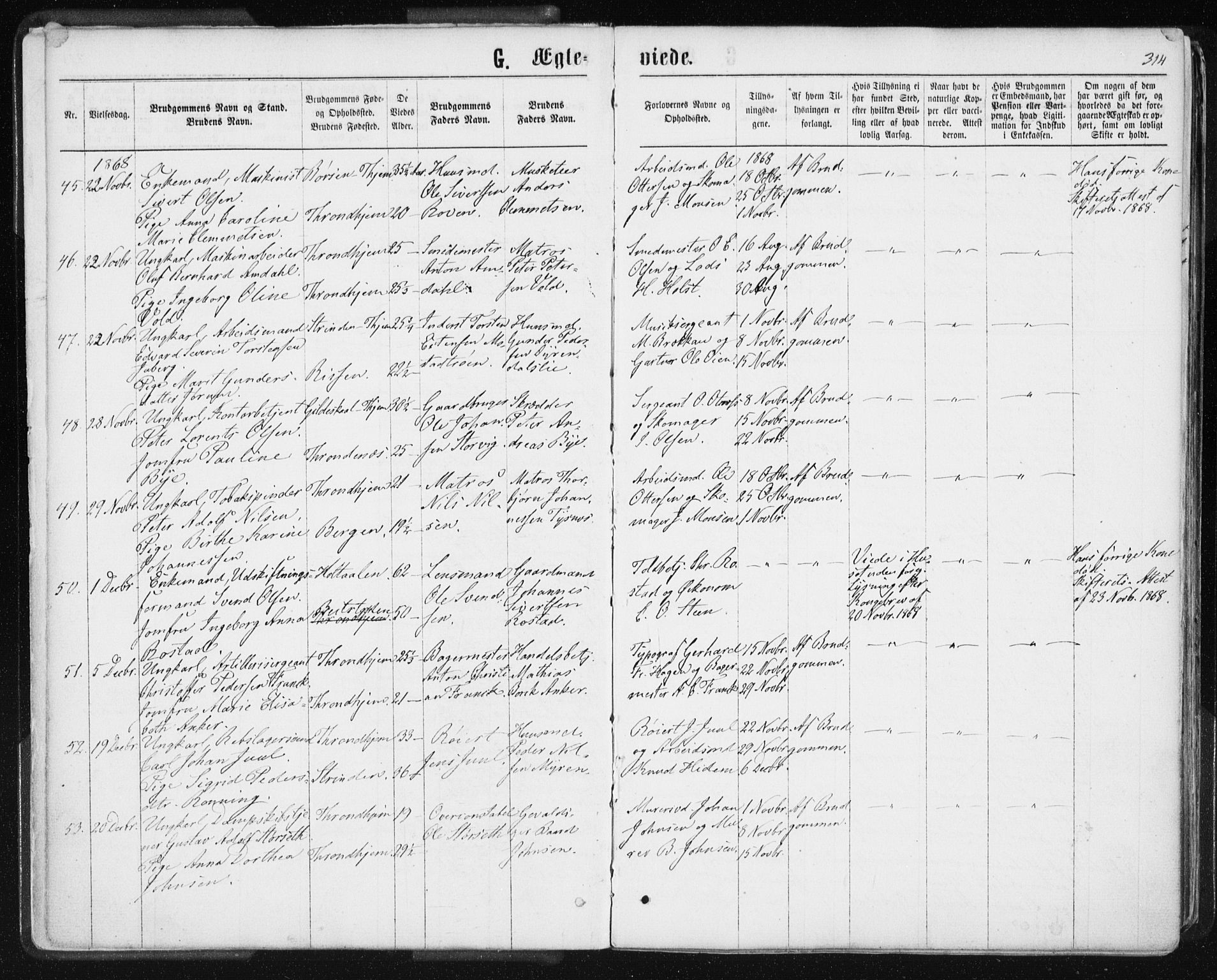 Ministerialprotokoller, klokkerbøker og fødselsregistre - Sør-Trøndelag, SAT/A-1456/601/L0055: Parish register (official) no. 601A23, 1866-1877, p. 314
