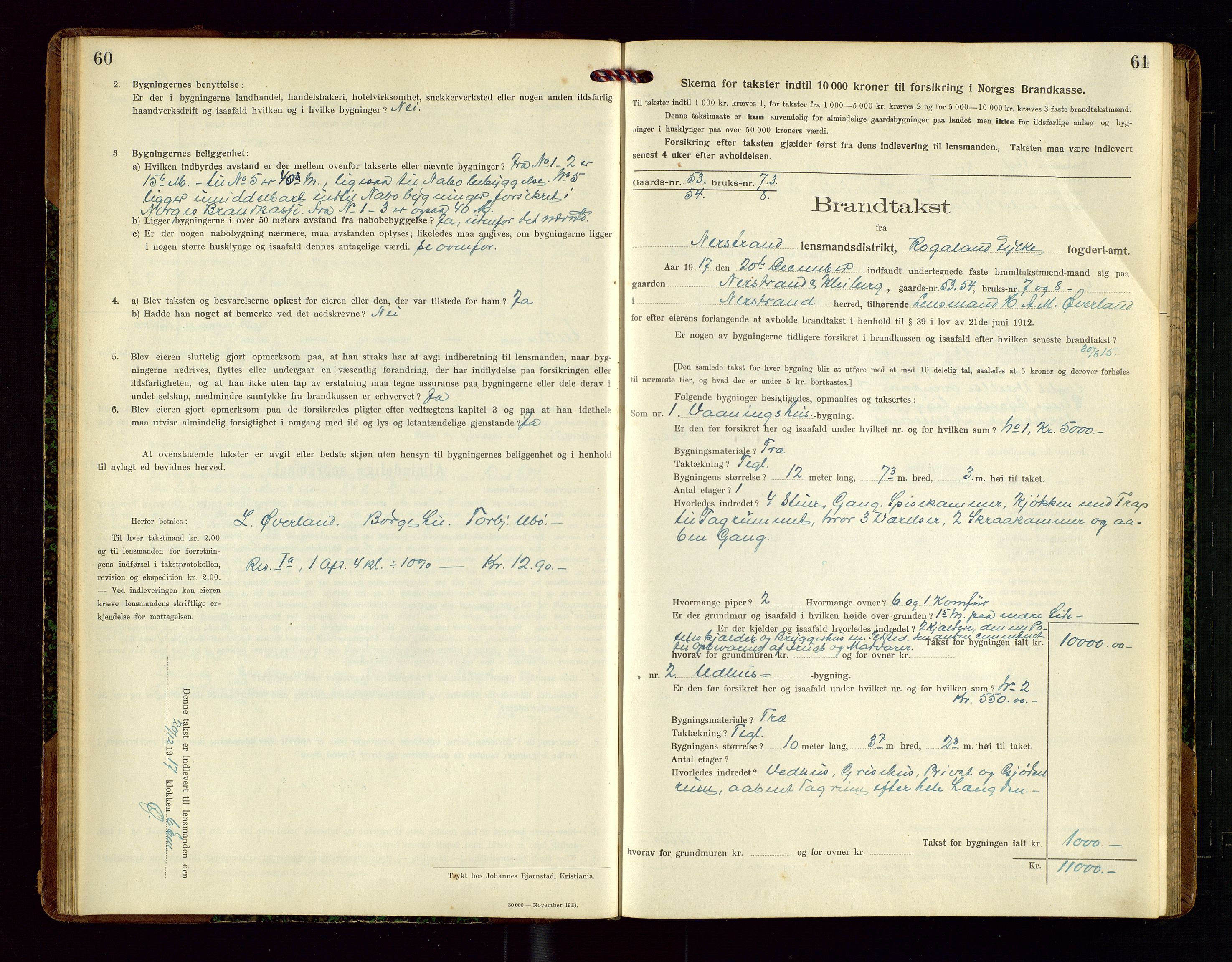 Nedstrand lensmannskontor, SAST/A-100236/Gob/L0002: "Brandtakstprotokol for Nerstrand lensmandsdistrikt Rogaland Fylke", 1916-1949, p. 60-61