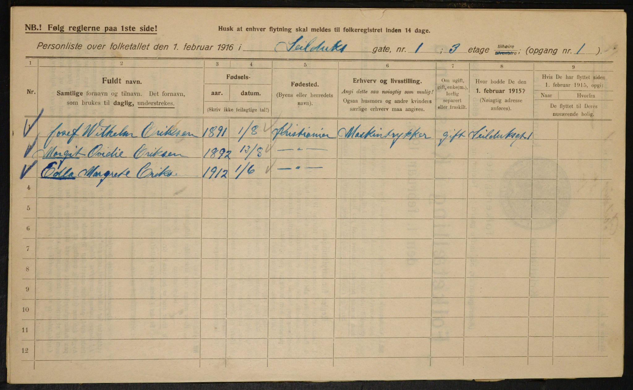 OBA, Municipal Census 1916 for Kristiania, 1916, p. 96154