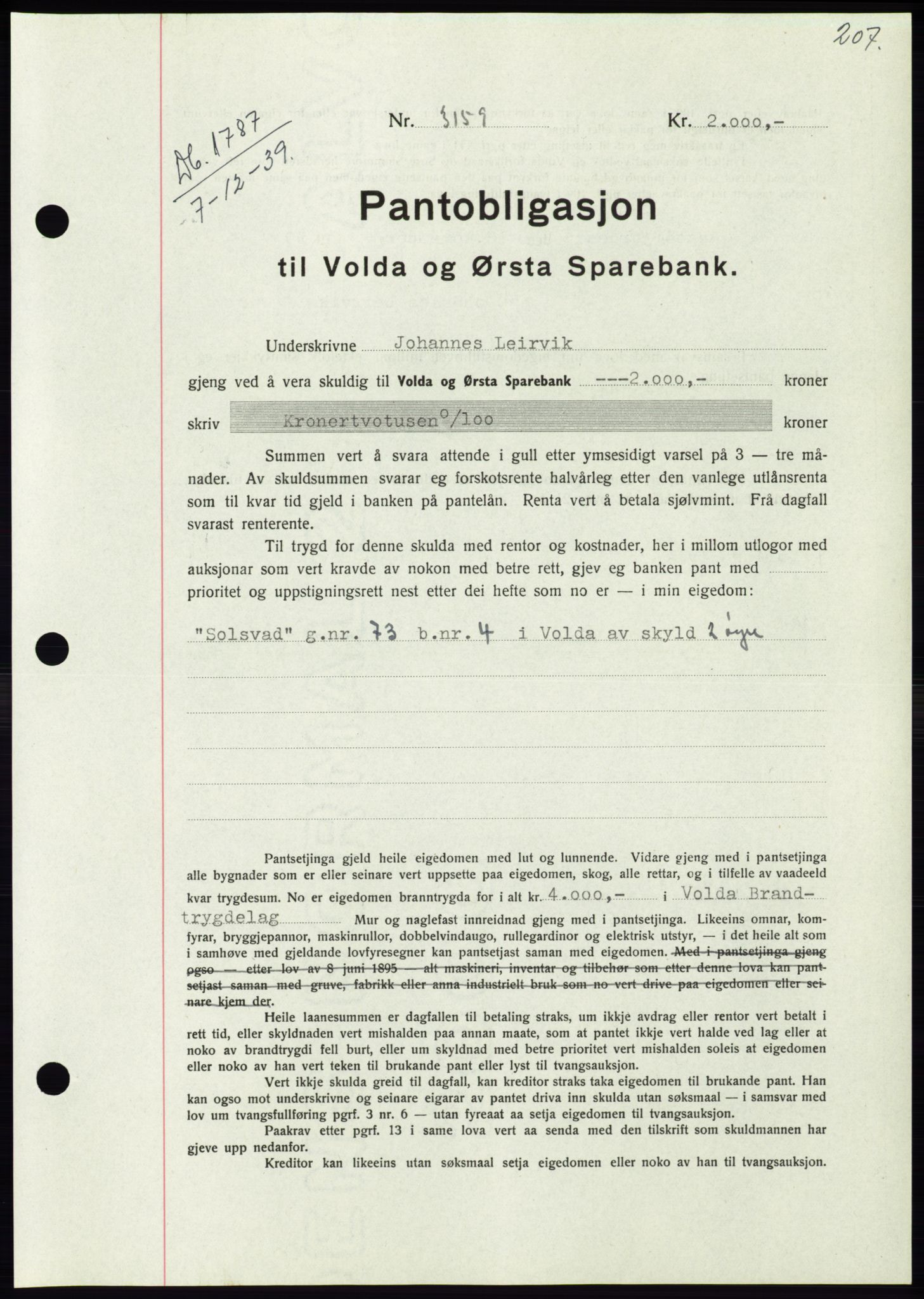 Søre Sunnmøre sorenskriveri, AV/SAT-A-4122/1/2/2C/L0069: Mortgage book no. 63, 1939-1940, Diary no: : 1787/1939