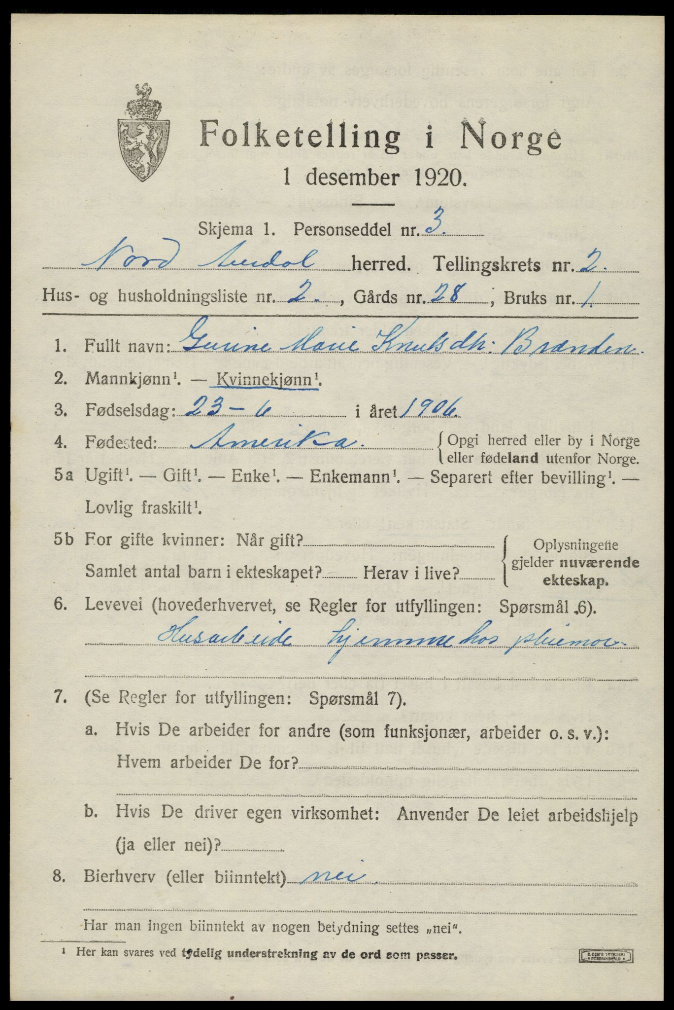 SAH, 1920 census for Nord-Aurdal, 1920, p. 3132