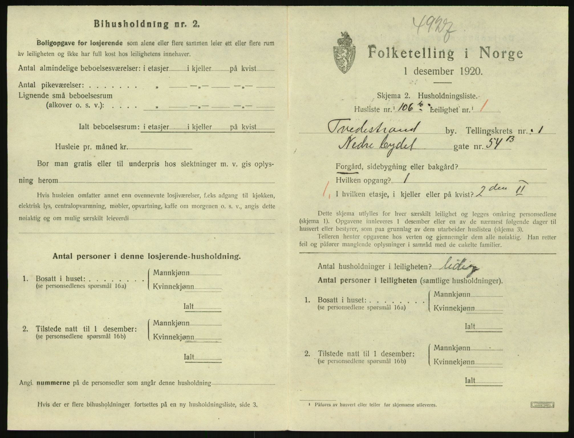 SAK, 1920 census for Tvedestrand, 1920, p. 889