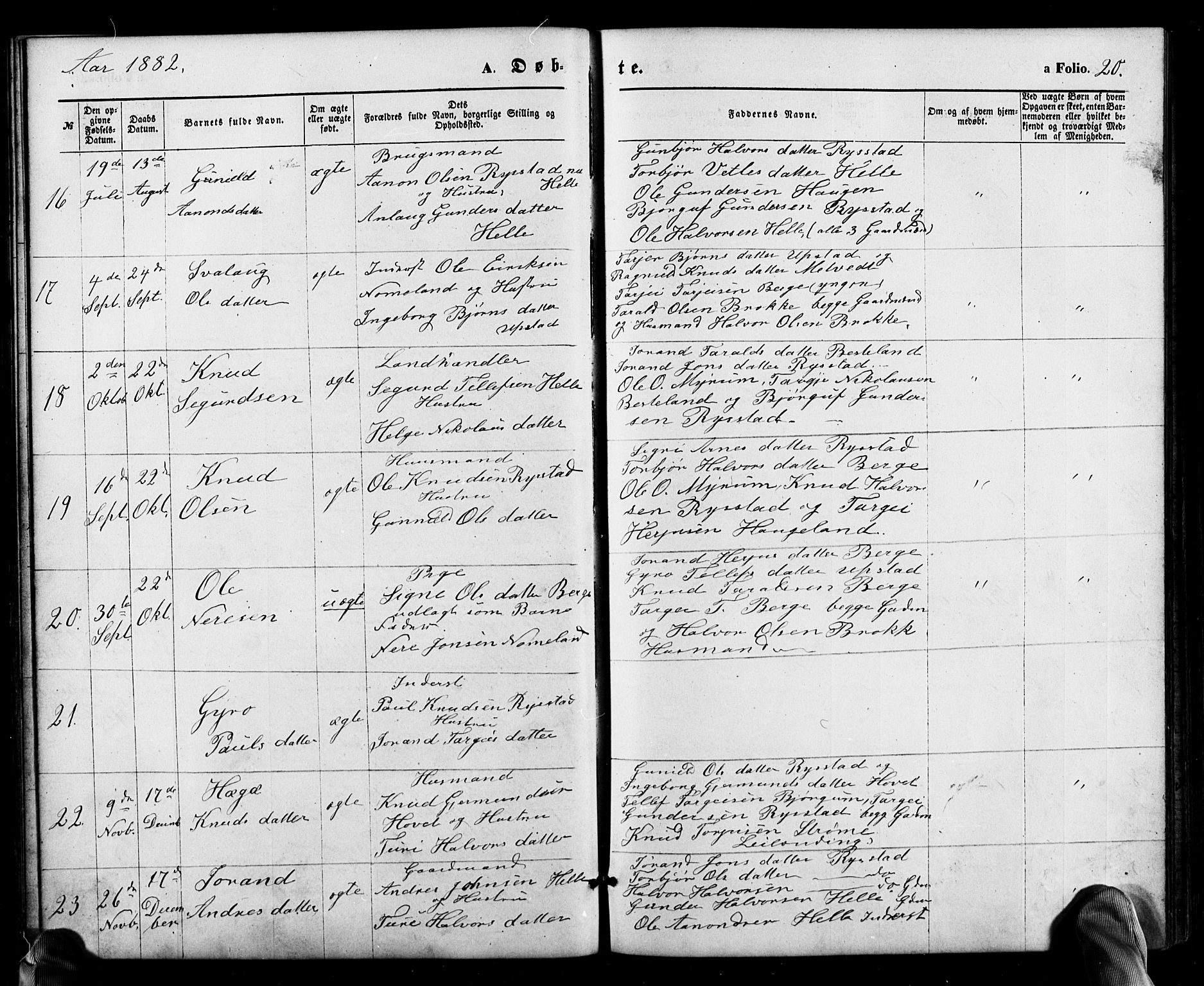 Valle sokneprestkontor, SAK/1111-0044/F/Fb/Fbb/L0002: Parish register (copy) no. B 2, 1875-1921, p. 20