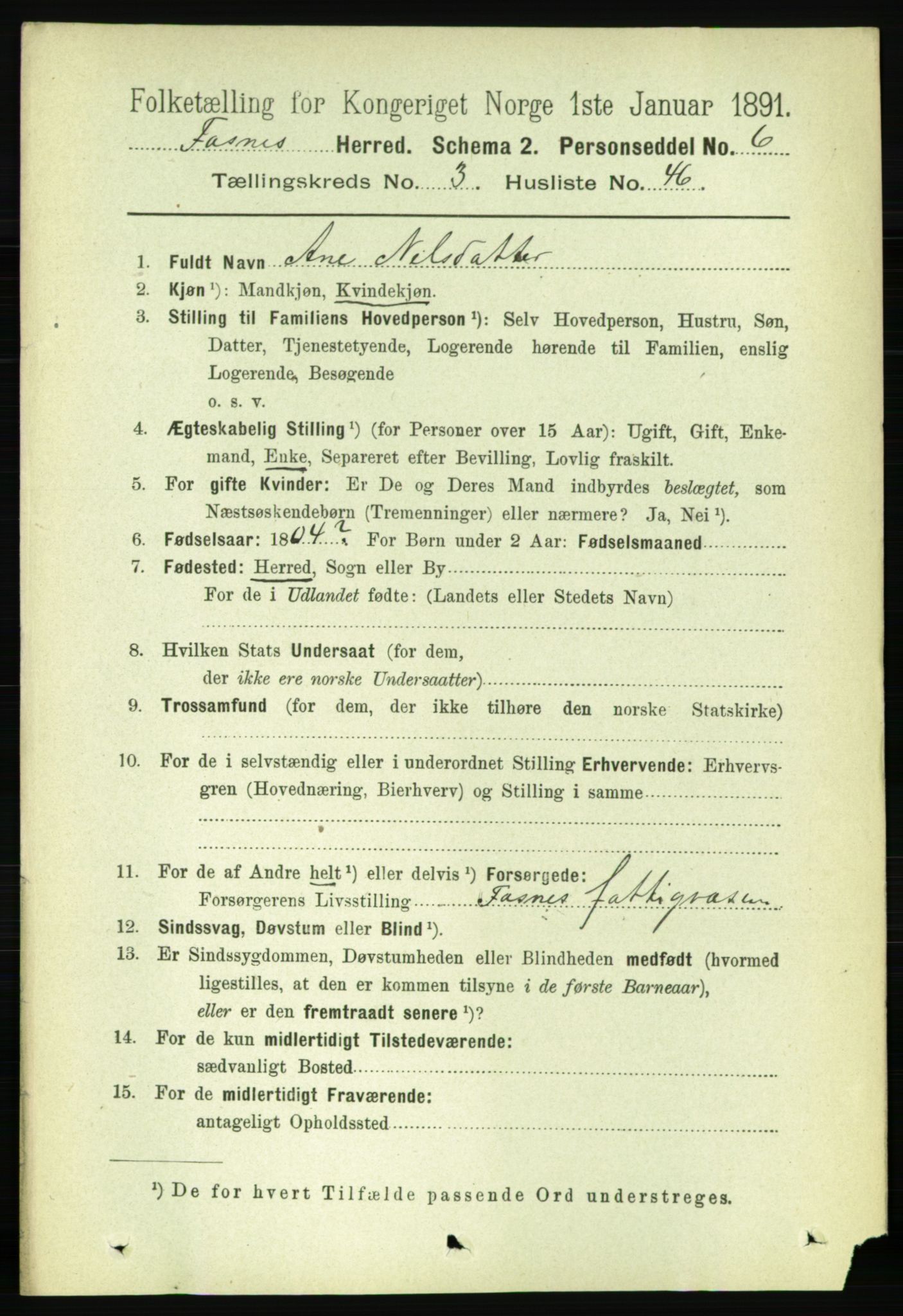 RA, 1891 census for 1748 Fosnes, 1891, p. 1028