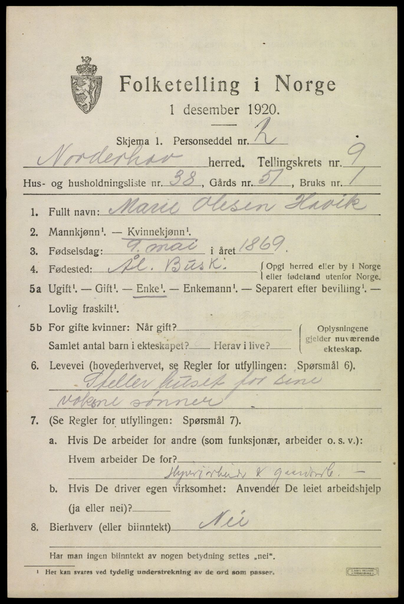 SAKO, 1920 census for Norderhov, 1920, p. 11611