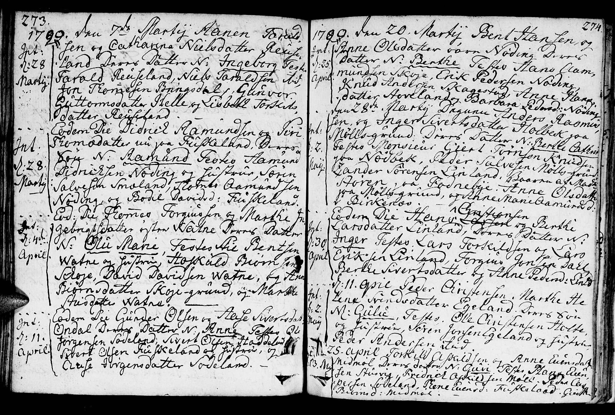 Holum sokneprestkontor, SAK/1111-0022/F/Fa/Faa/L0003: Parish register (official) no. A 3, 1780-1821, p. 273-274