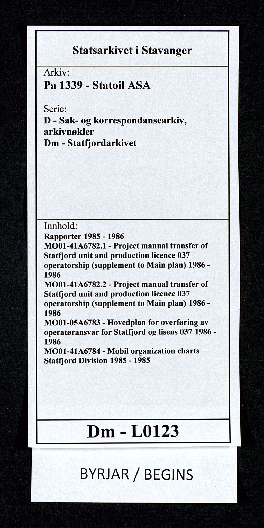 Pa 1339 - Statoil ASA, AV/SAST-A-101656/0001/D/Dm/L0123: Rapporter, 1985-1988, p. 1