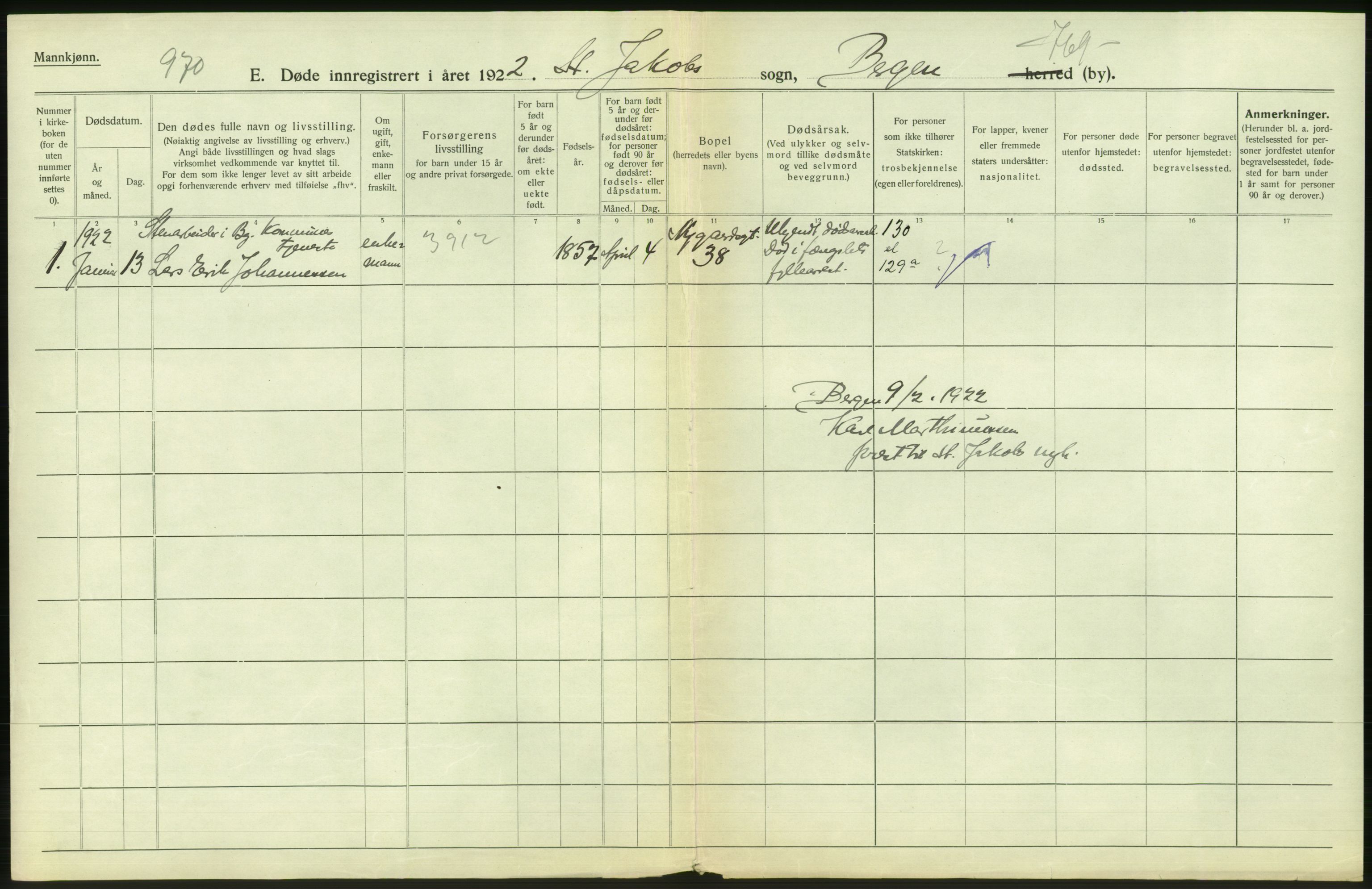 Statistisk sentralbyrå, Sosiodemografiske emner, Befolkning, AV/RA-S-2228/D/Df/Dfc/Dfcb/L0030: Bergen: Gifte, døde, dødfødte., 1922, p. 440