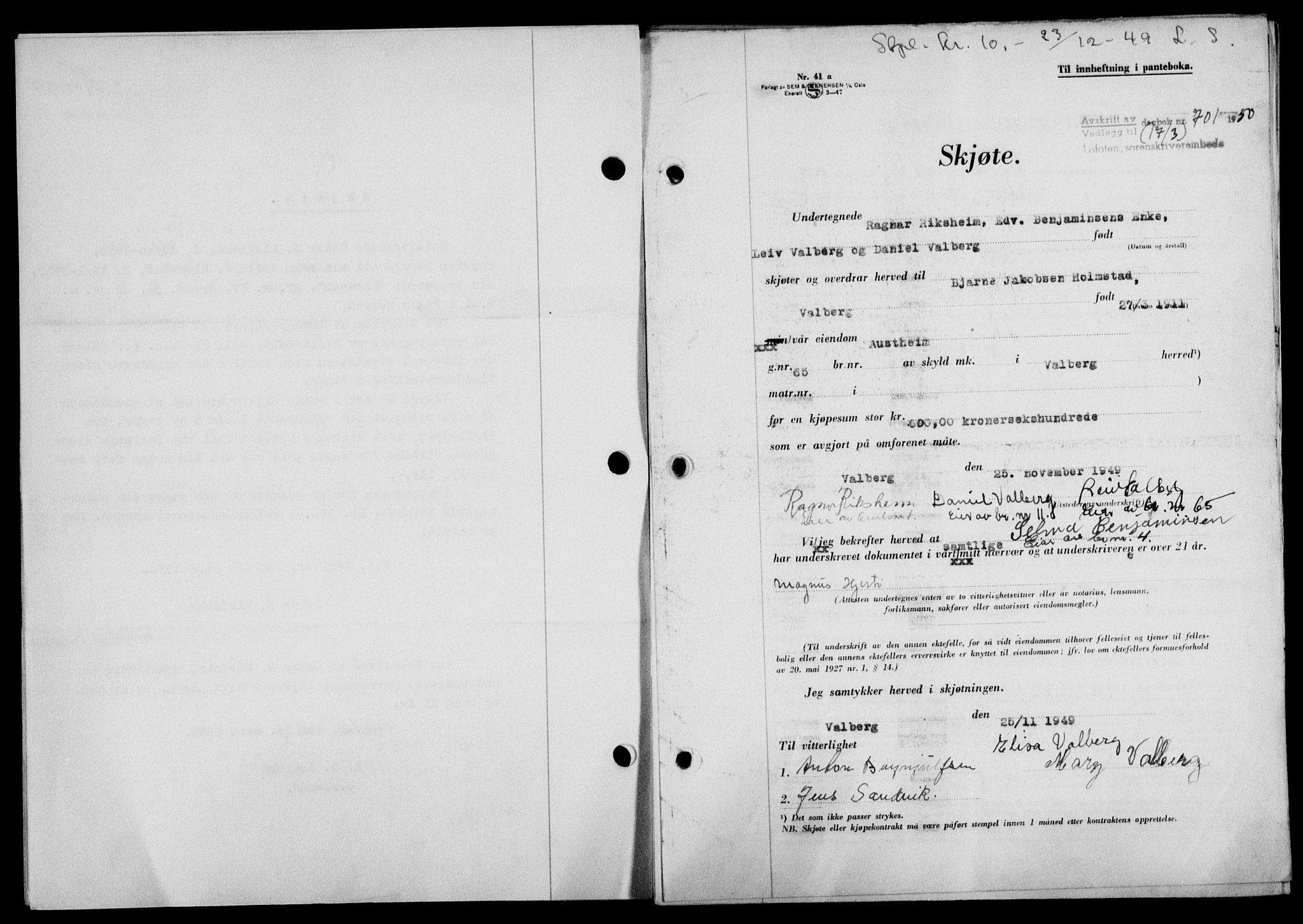 Lofoten sorenskriveri, SAT/A-0017/1/2/2C/L0023a: Mortgage book no. 23a, 1950-1950, Diary no: : 701/1950