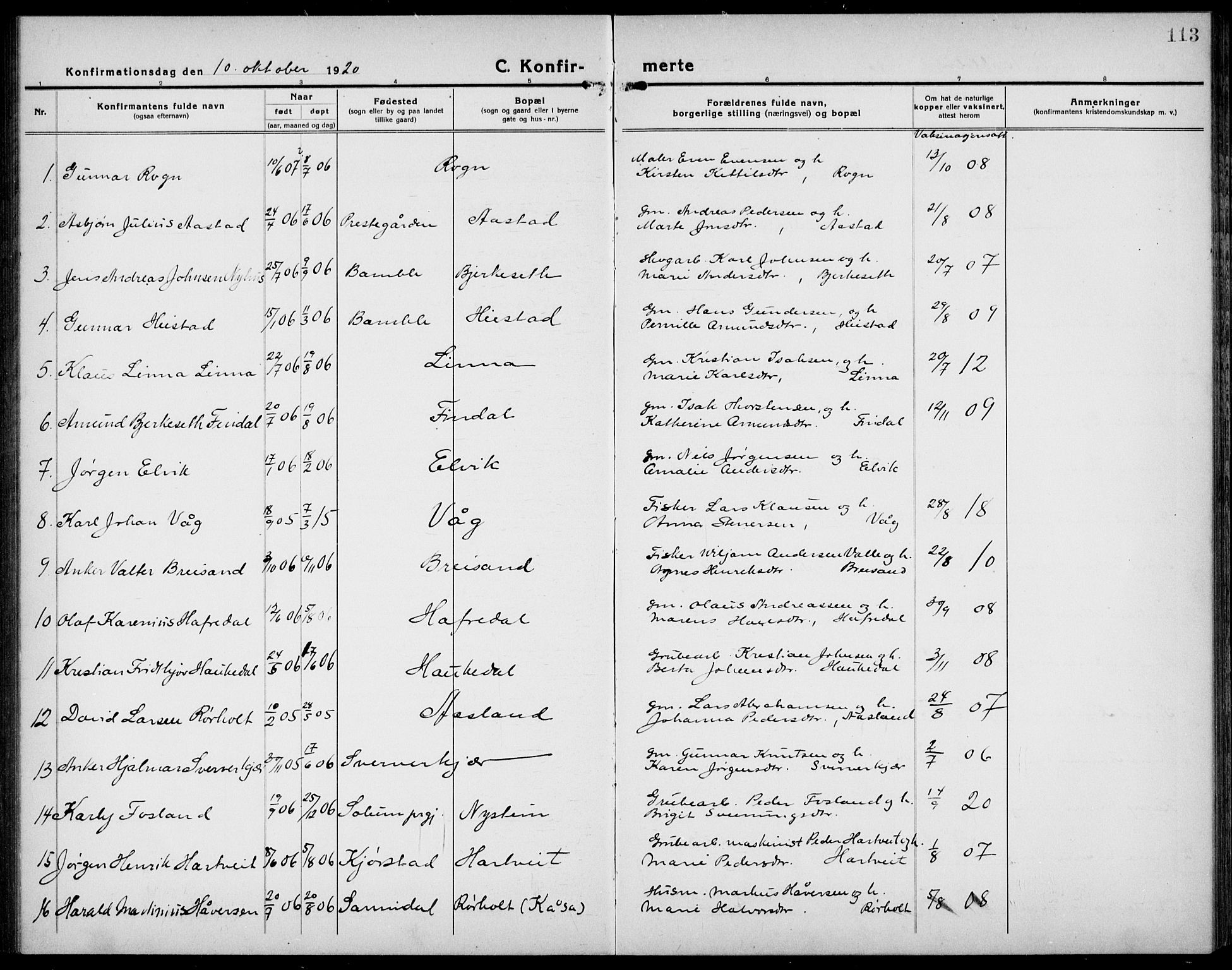 Bamble kirkebøker, AV/SAKO-A-253/G/Ga/L0011: Parish register (copy) no. I 11, 1920-1935, p. 113