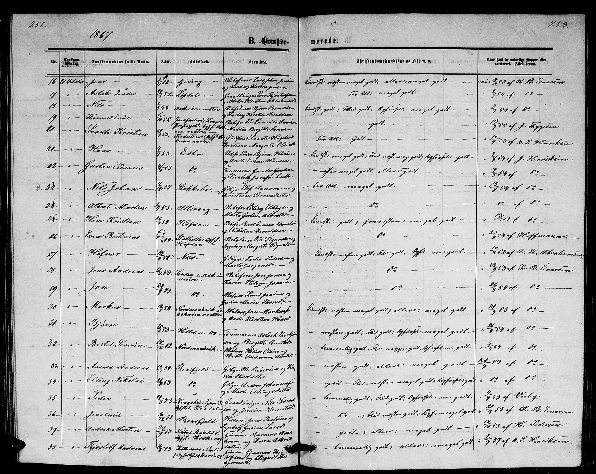 Dypvåg sokneprestkontor, AV/SAK-1111-0007/F/Fb/Fba/L0011: Parish register (copy) no. B 11, 1857-1872, p. 252-253