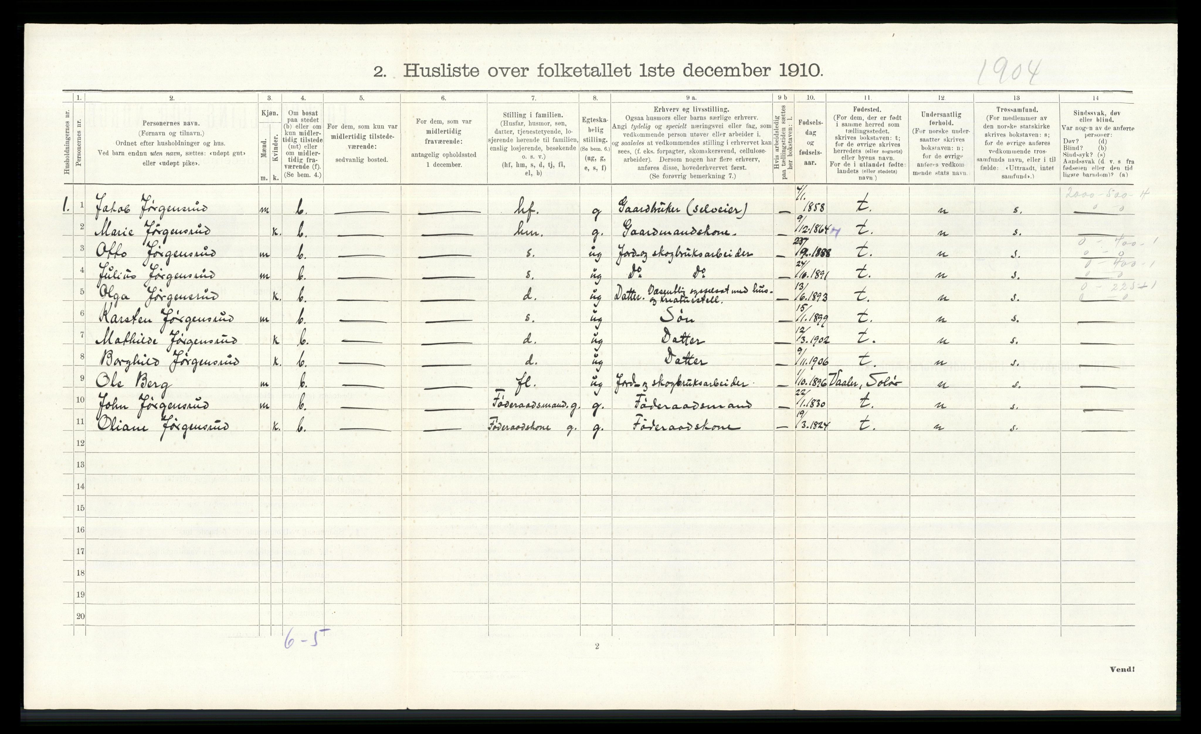 RA, 1910 census for Åsnes, 1910, p. 1693