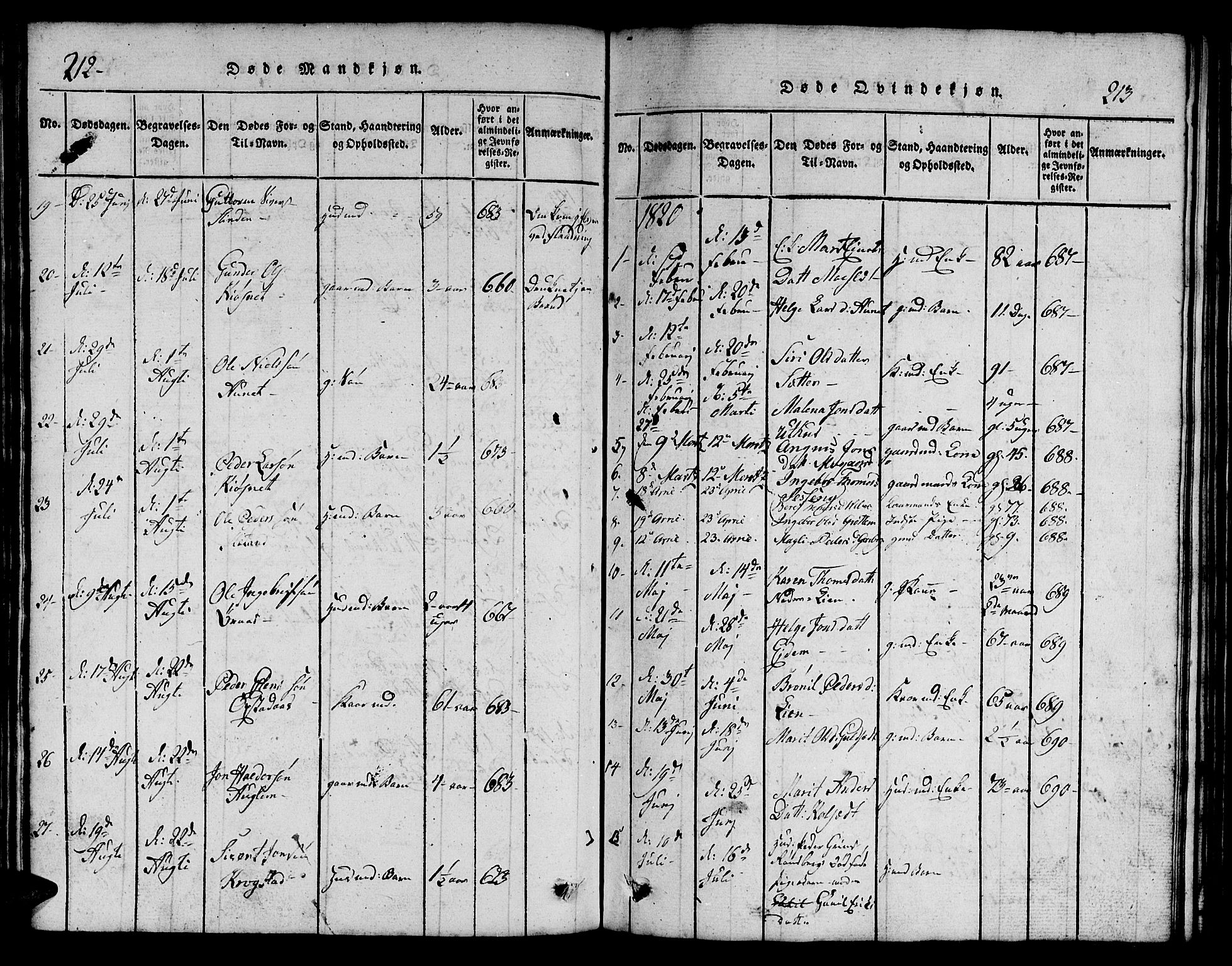 Ministerialprotokoller, klokkerbøker og fødselsregistre - Sør-Trøndelag, SAT/A-1456/695/L1152: Parish register (copy) no. 695C03, 1816-1831, p. 212-213
