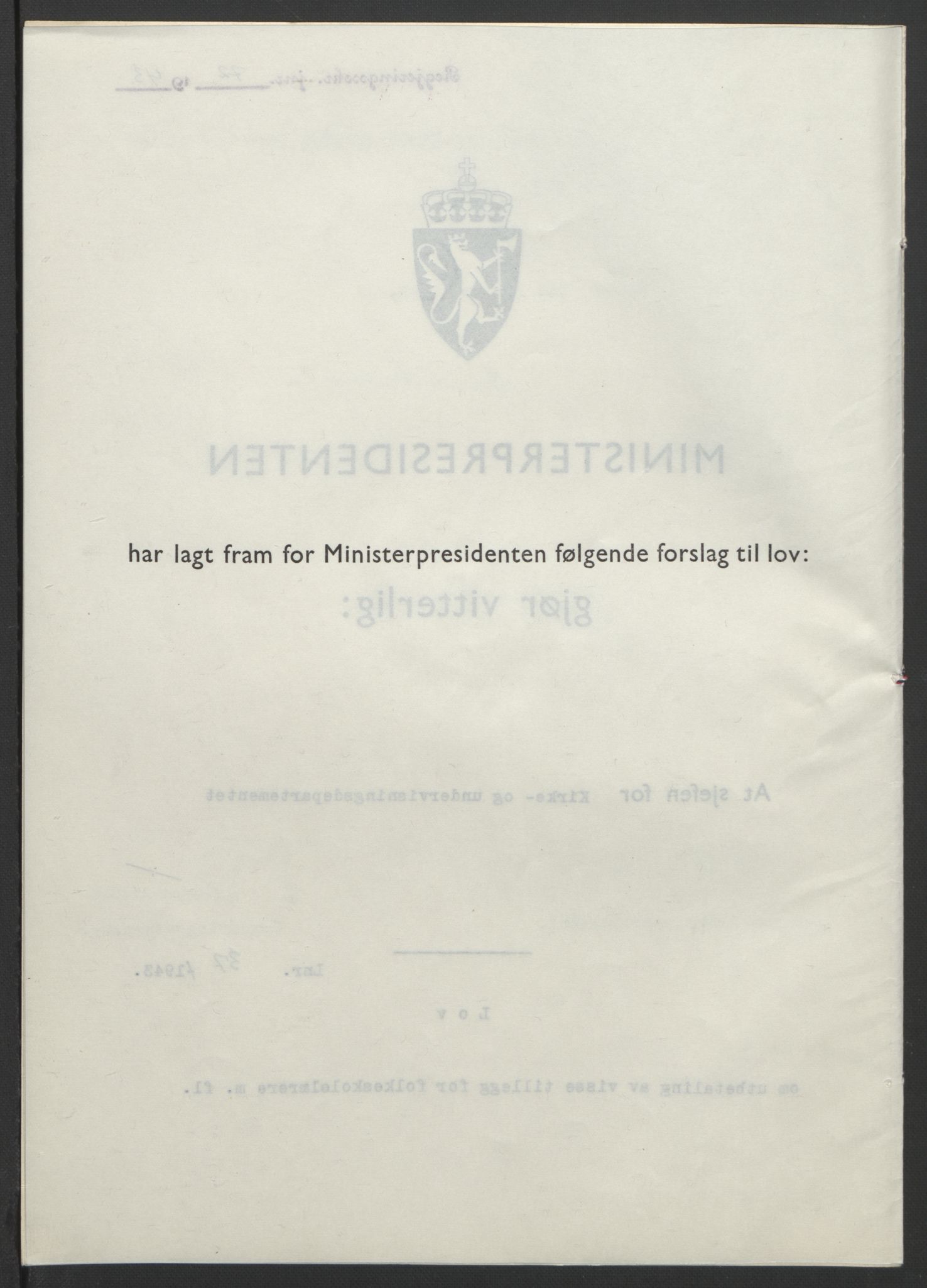 NS-administrasjonen 1940-1945 (Statsrådsekretariatet, de kommisariske statsråder mm), AV/RA-S-4279/D/Db/L0099: Lover, 1943, p. 159