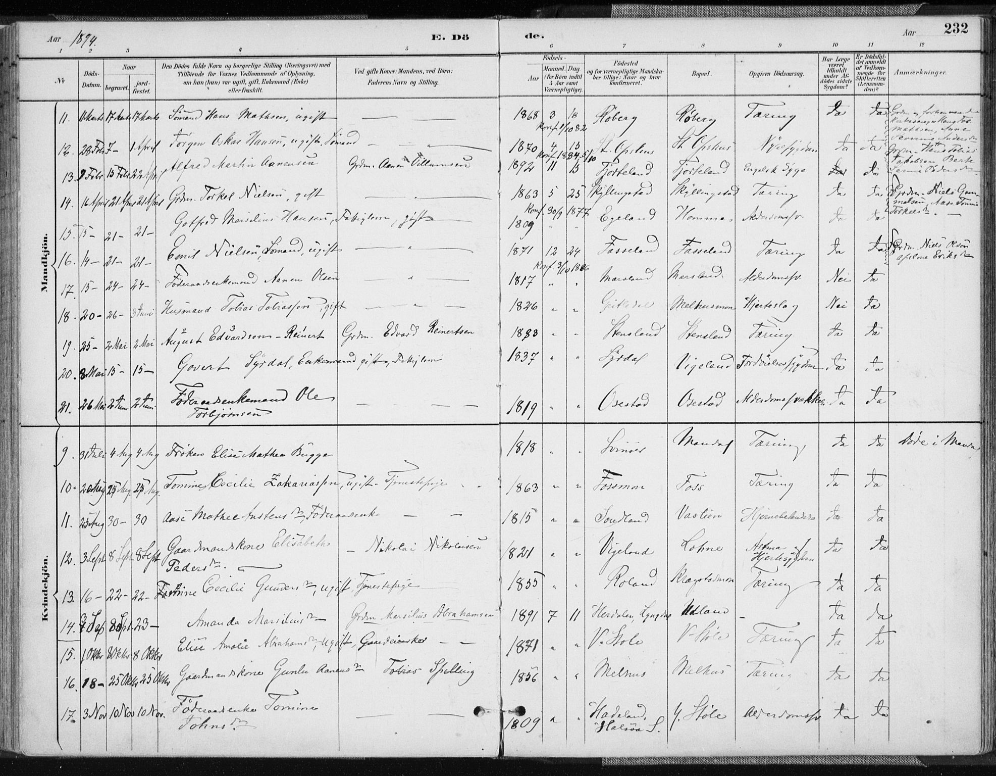 Sør-Audnedal sokneprestkontor, AV/SAK-1111-0039/F/Fa/Fab/L0010: Parish register (official) no. A 10, 1892-1913, p. 232