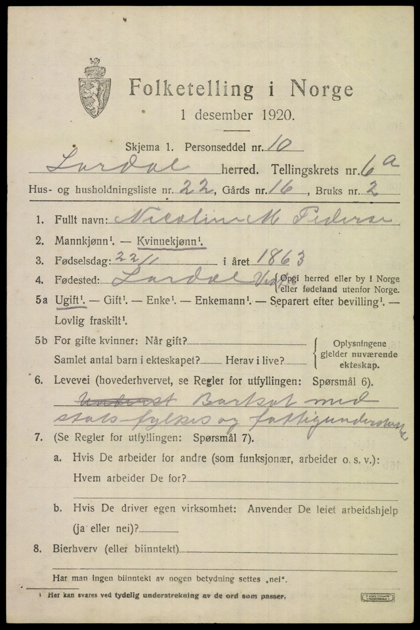 SAKO, 1920 census for Lardal, 1920, p. 5827