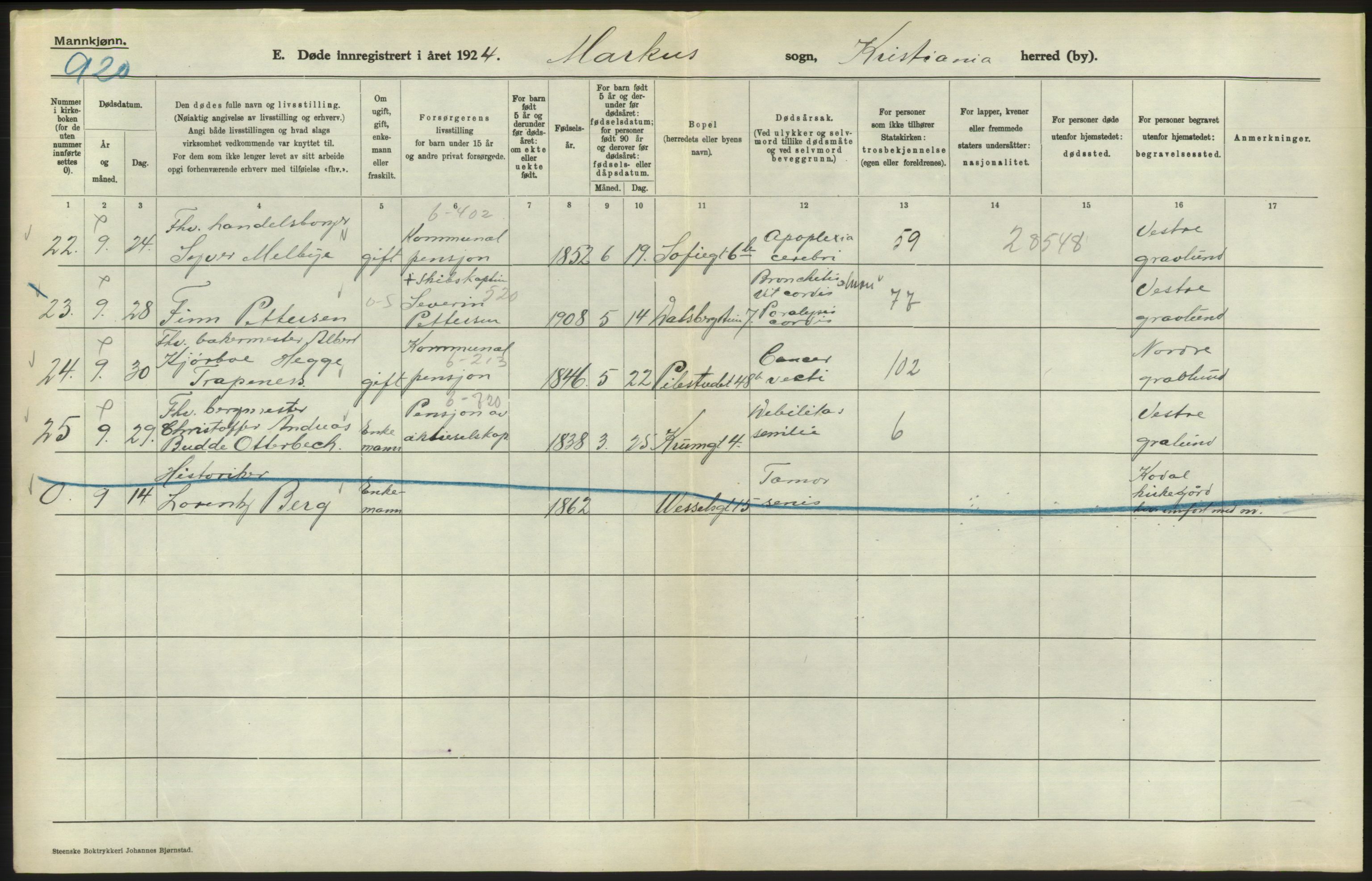 Statistisk sentralbyrå, Sosiodemografiske emner, Befolkning, AV/RA-S-2228/D/Df/Dfc/Dfcd/L0008: Kristiania: Døde menn, 1924, p. 570