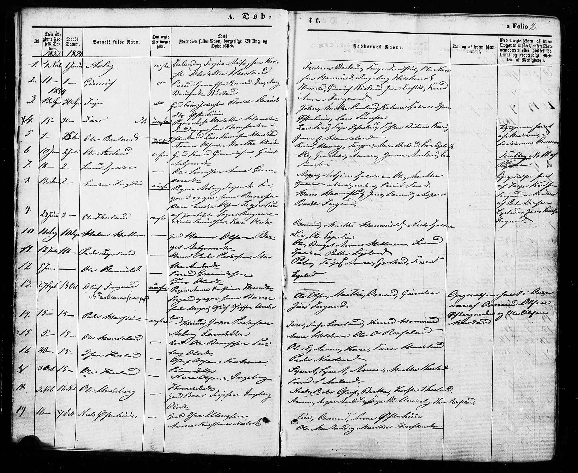 Åseral sokneprestkontor, SAK/1111-0051/F/Fa/L0002: Parish register (official) no. A 2, 1854-1884, p. 2