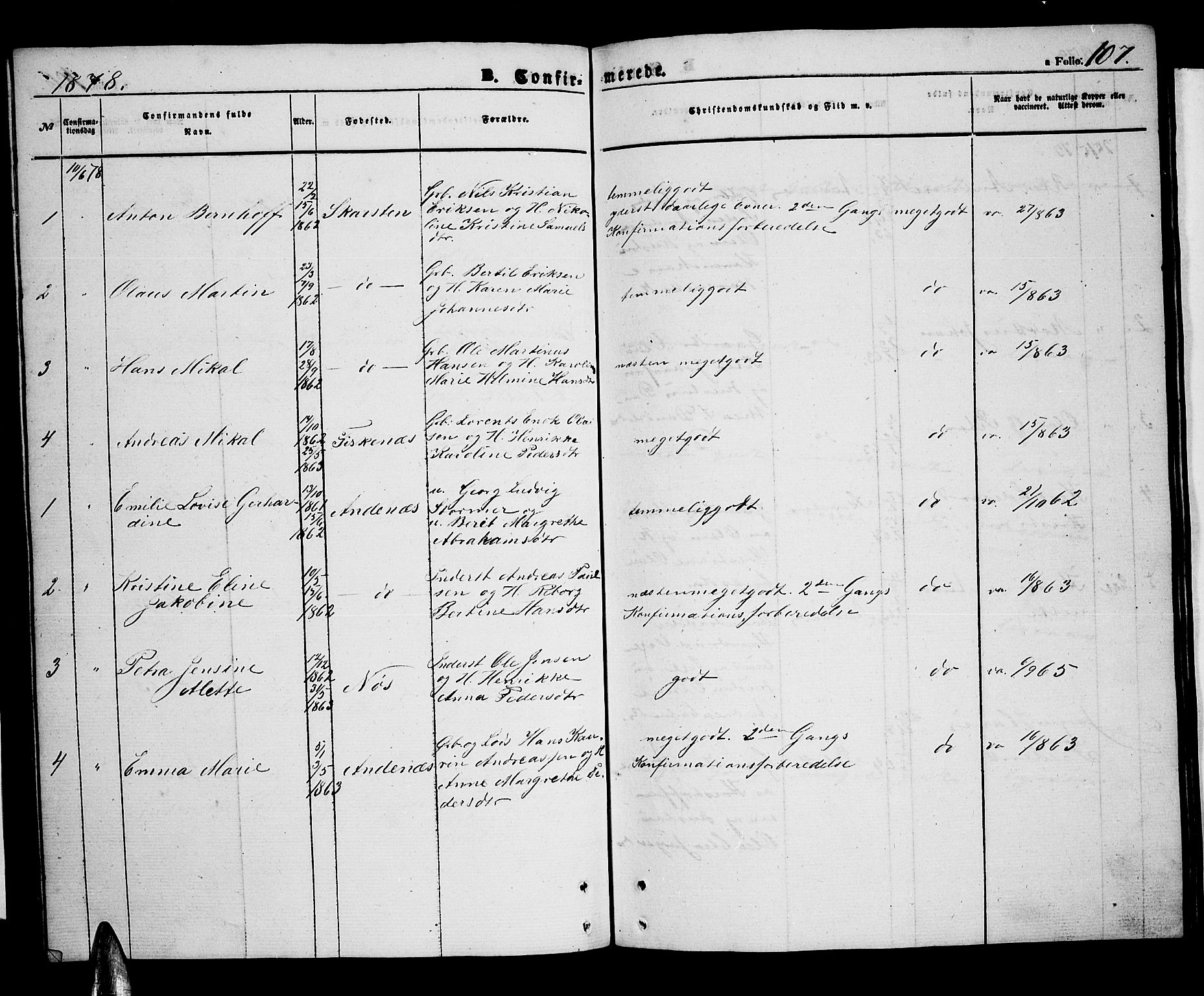 Ministerialprotokoller, klokkerbøker og fødselsregistre - Nordland, SAT/A-1459/899/L1447: Parish register (copy) no. 899C02, 1855-1886, p. 107