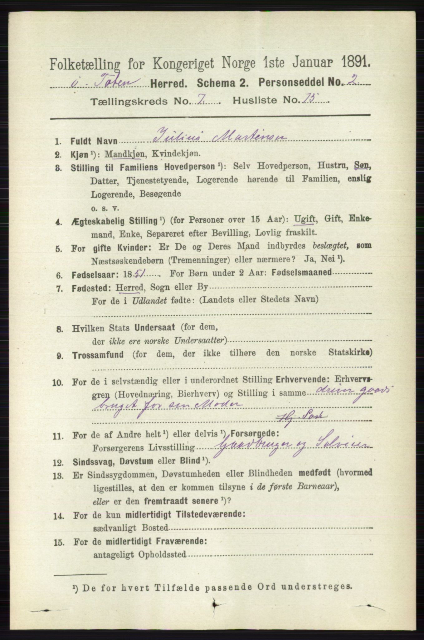 RA, 1891 census for 0528 Østre Toten, 1891, p. 4865