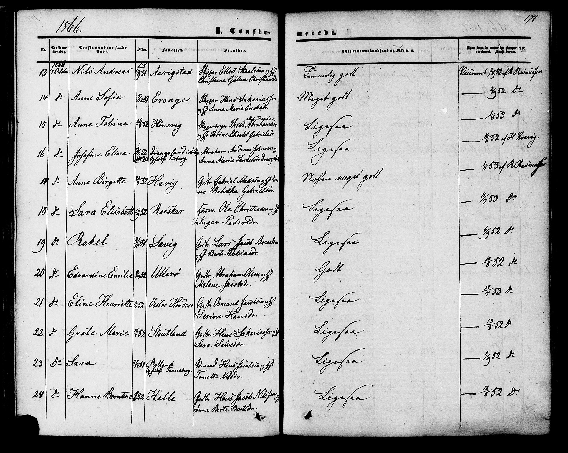 Herad sokneprestkontor, AV/SAK-1111-0018/F/Fa/Fab/L0004: Parish register (official) no. A 4, 1853-1885, p. 171