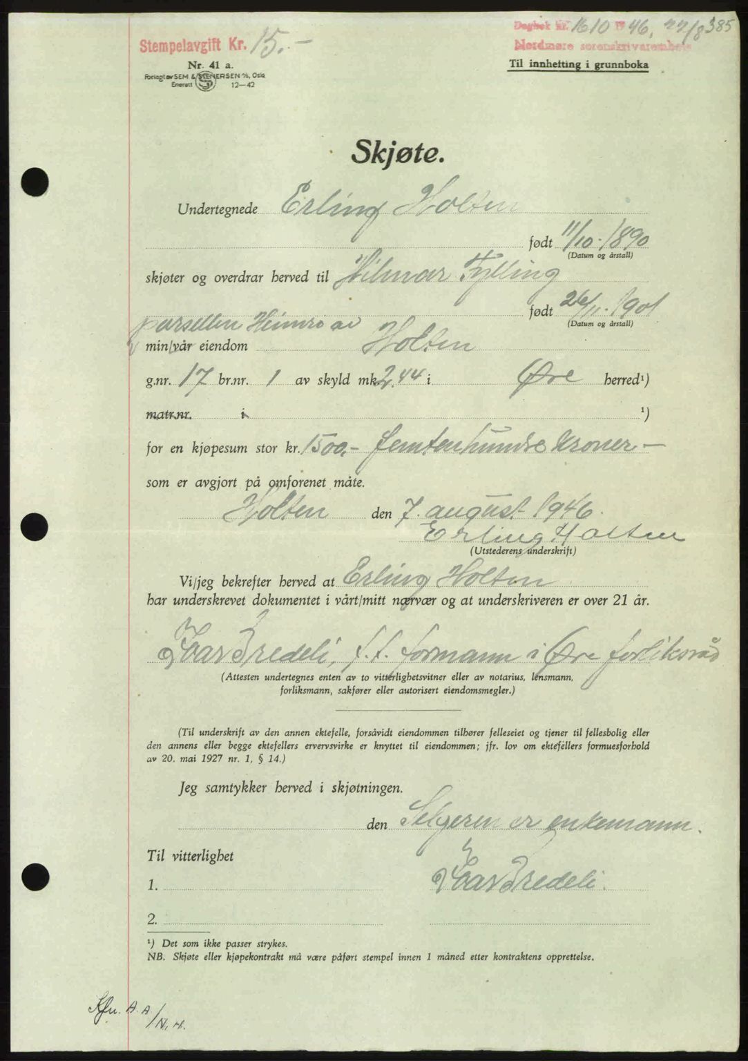 Nordmøre sorenskriveri, AV/SAT-A-4132/1/2/2Ca: Mortgage book no. A102, 1946-1946, Diary no: : 1610/1946