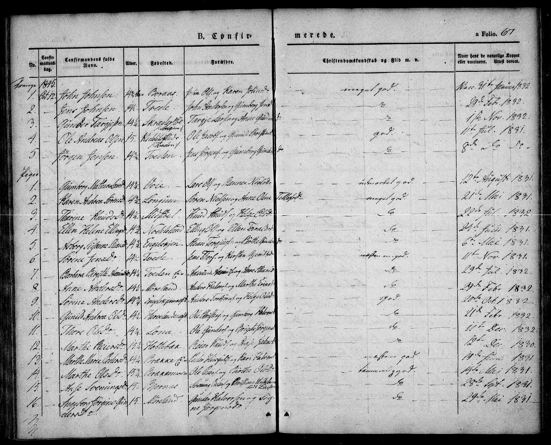 Austre Moland sokneprestkontor, SAK/1111-0001/F/Fa/Faa/L0006: Parish register (official) no. A 6, 1837-1846, p. 67