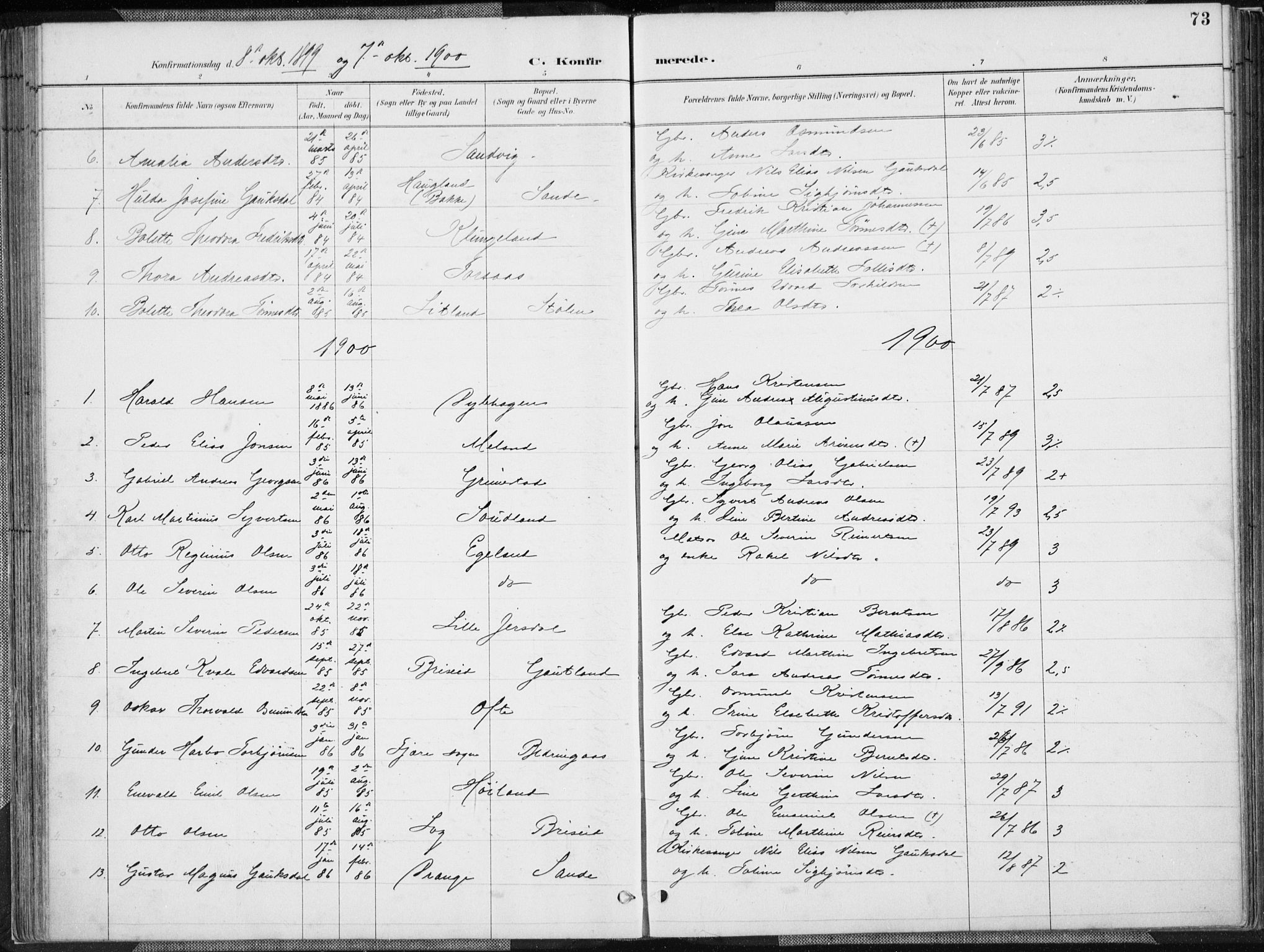 Herad sokneprestkontor, SAK/1111-0018/F/Fa/Faa/L0006: Parish register (official) no. A 6, 1887-1907, p. 73