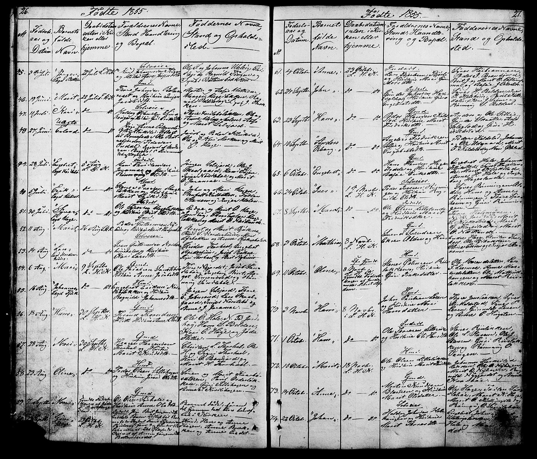 Lesja prestekontor, SAH/PREST-068/H/Ha/Hab/L0005: Parish register (copy) no. 5, 1850-1894, p. 26-27