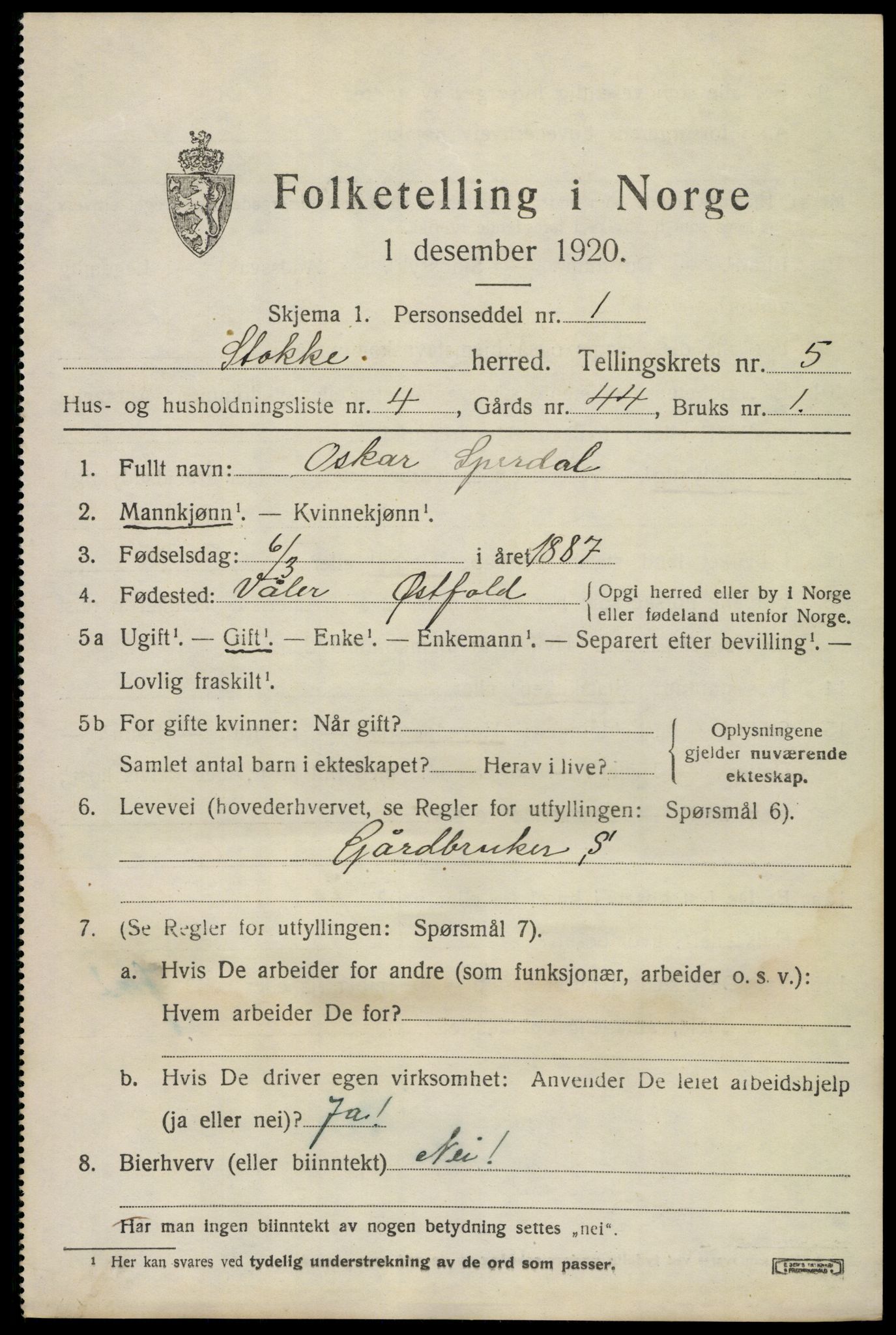 SAKO, 1920 census for Stokke, 1920, p. 6750
