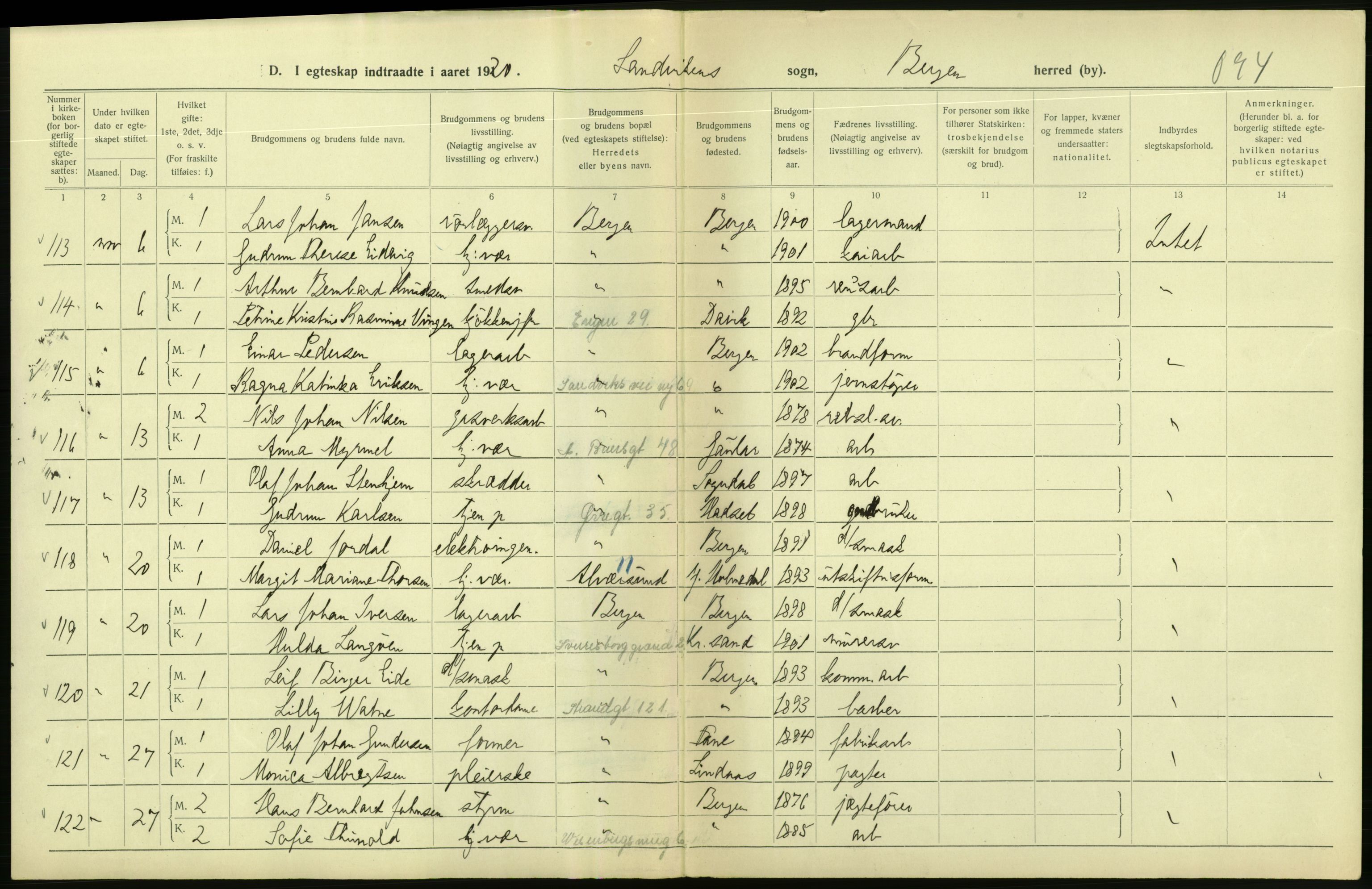 Statistisk sentralbyrå, Sosiodemografiske emner, Befolkning, AV/RA-S-2228/D/Df/Dfb/Dfbj/L0042: Bergen: Gifte, døde, dødfødte., 1920, p. 60