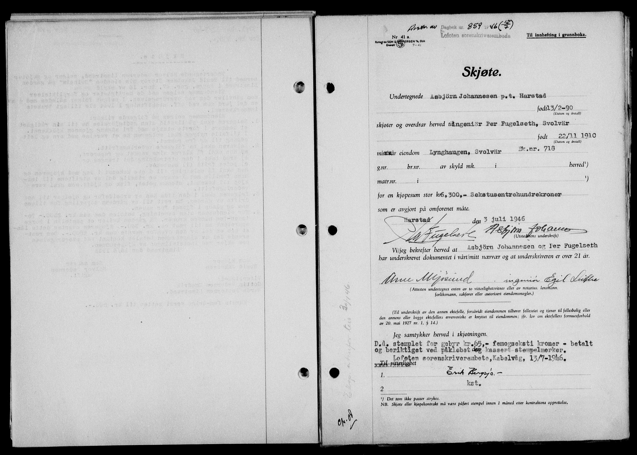 Lofoten sorenskriveri, SAT/A-0017/1/2/2C/L0014a: Mortgage book no. 14a, 1946-1946, Diary no: : 859/1946
