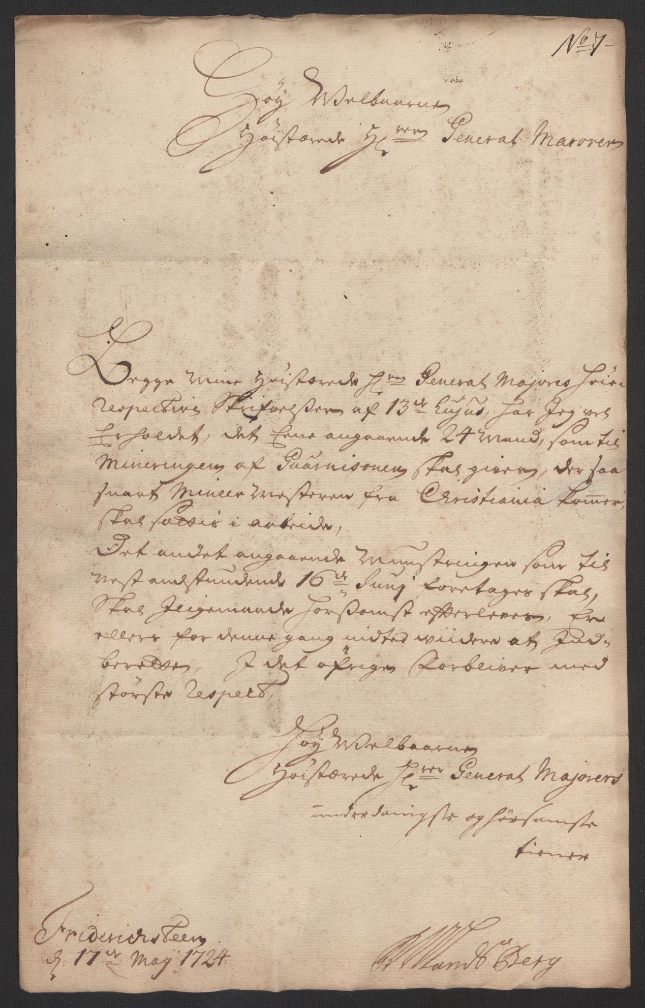 Kommanderende general (KG I) med Det norske krigsdirektorium, AV/RA-EA-5419/D/L0153: Fredriksten festning: Brev, inventarfortegnelser og regnskapsekstrakter, 1724-1729, p. 58