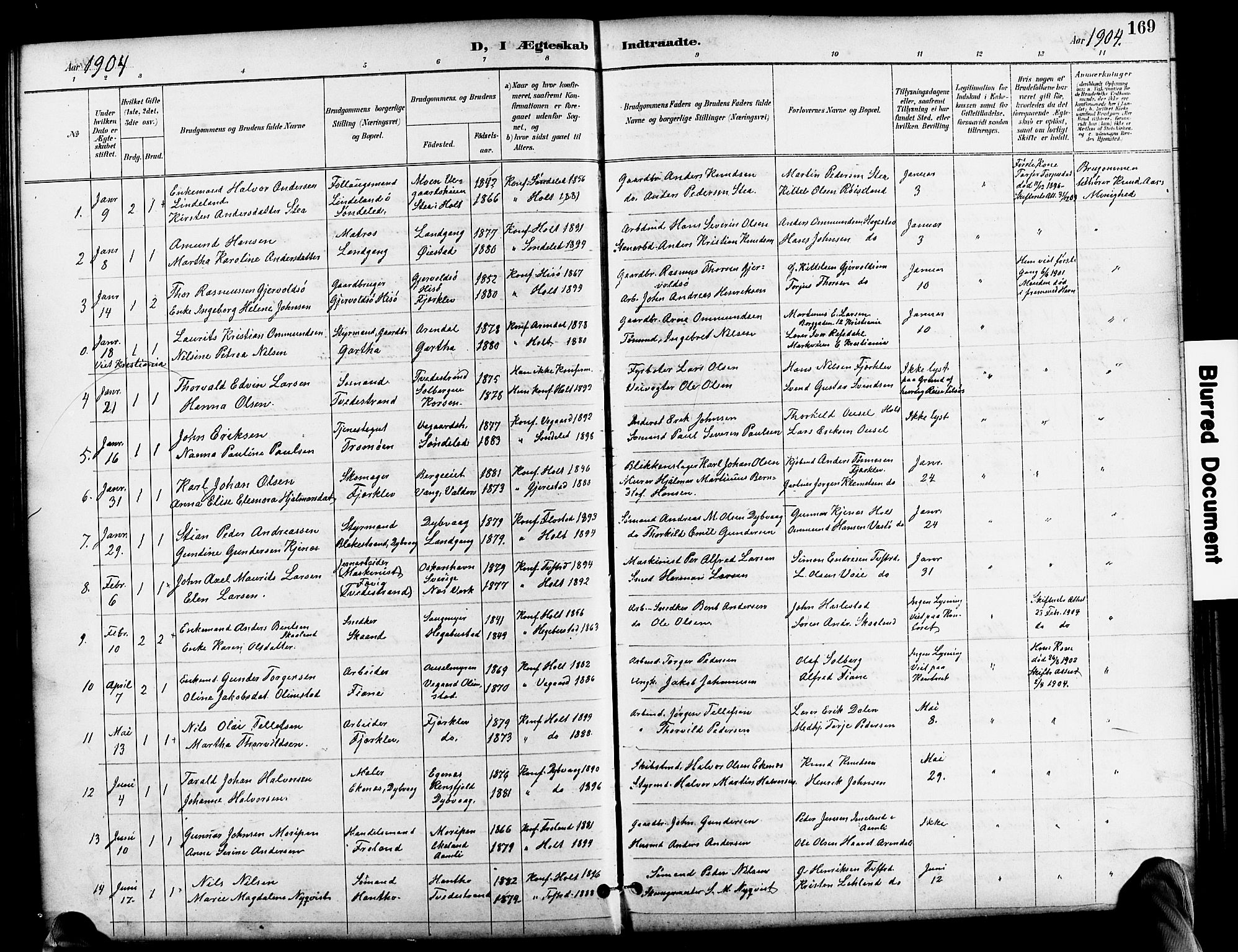 Holt sokneprestkontor, SAK/1111-0021/F/Fb/L0011: Parish register (copy) no. B 11, 1897-1921, p. 169