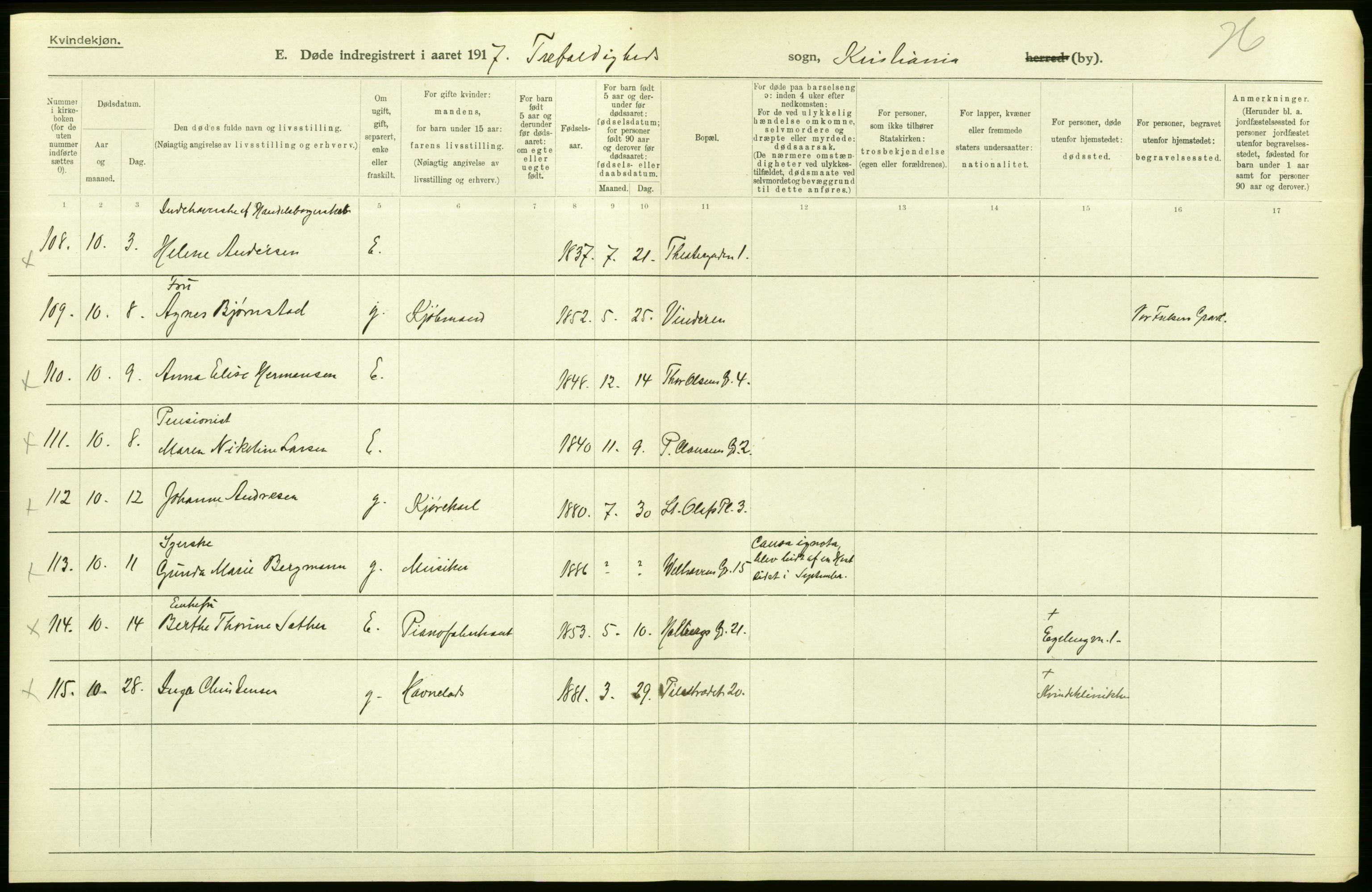 Statistisk sentralbyrå, Sosiodemografiske emner, Befolkning, AV/RA-S-2228/D/Df/Dfb/Dfbg/L0010: Kristiania: Døde, 1917, p. 52