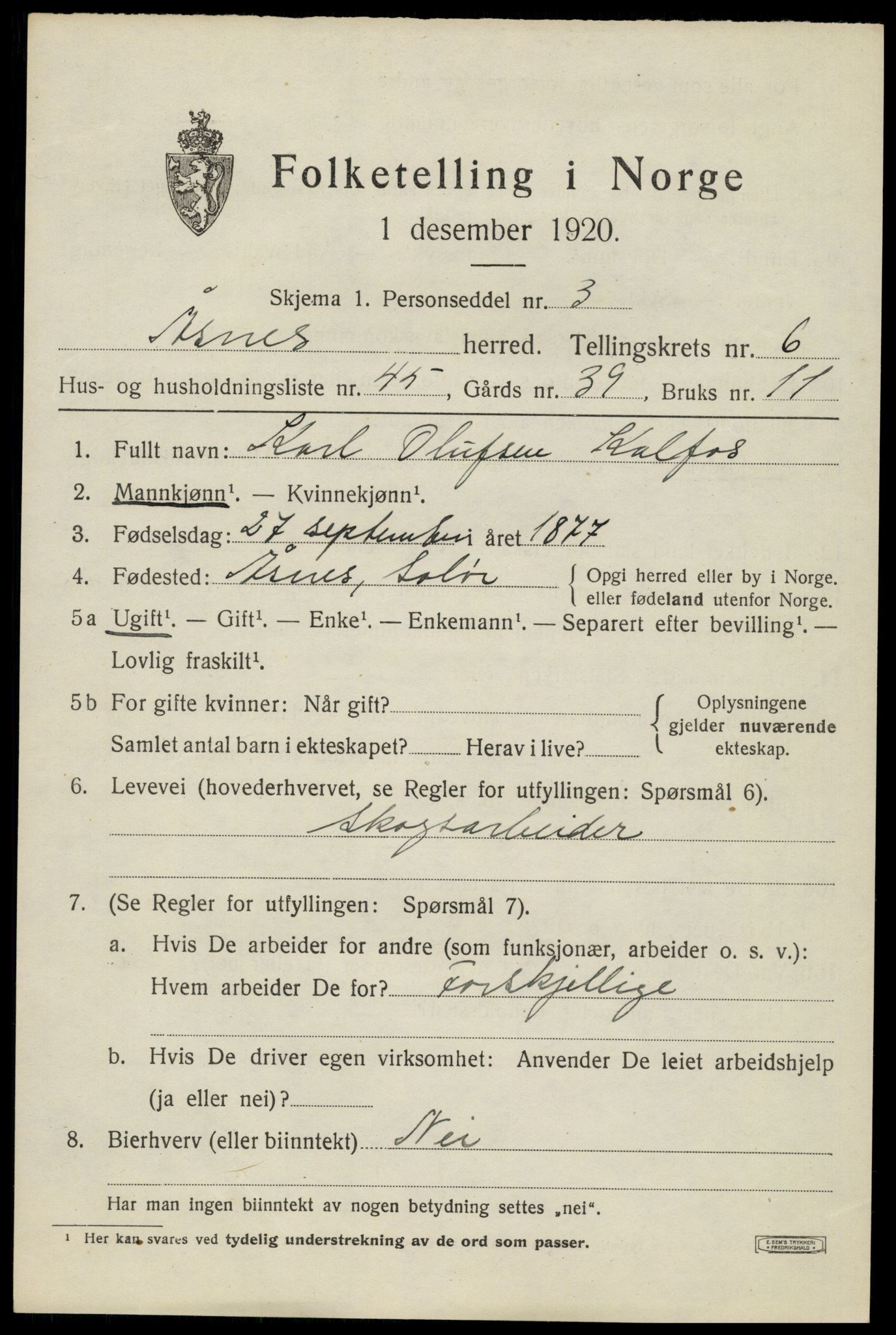 SAH, 1920 census for Åsnes, 1920, p. 8256