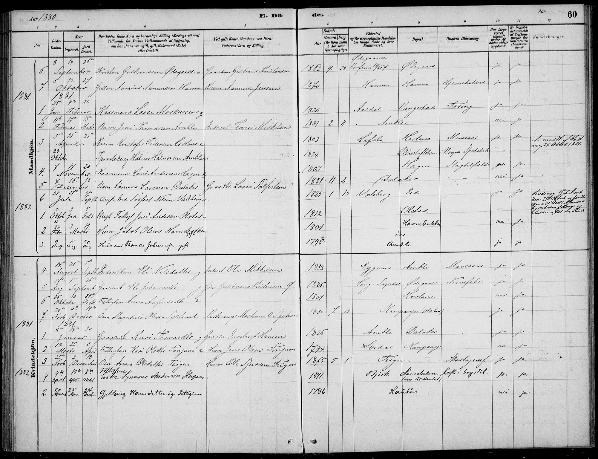 Sogndal sokneprestembete, AV/SAB-A-81301/H/Haa/Haad/L0001: Parish register (official) no. D  1, 1878-1907, p. 60