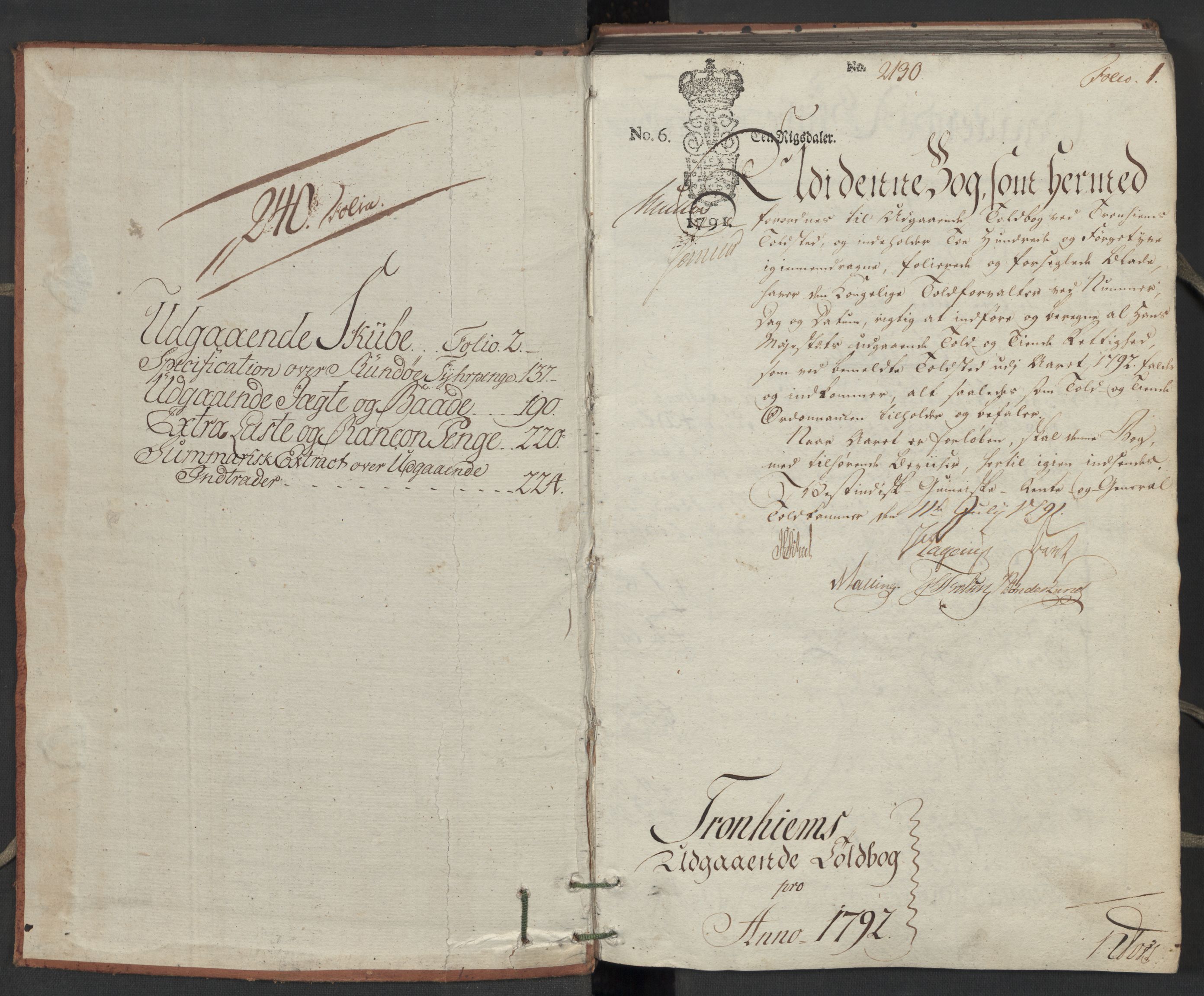 Generaltollkammeret, tollregnskaper, AV/RA-EA-5490/R33/L0197/0001: Tollregnskaper Trondheim A / Utgående tollbok, 1790-1792