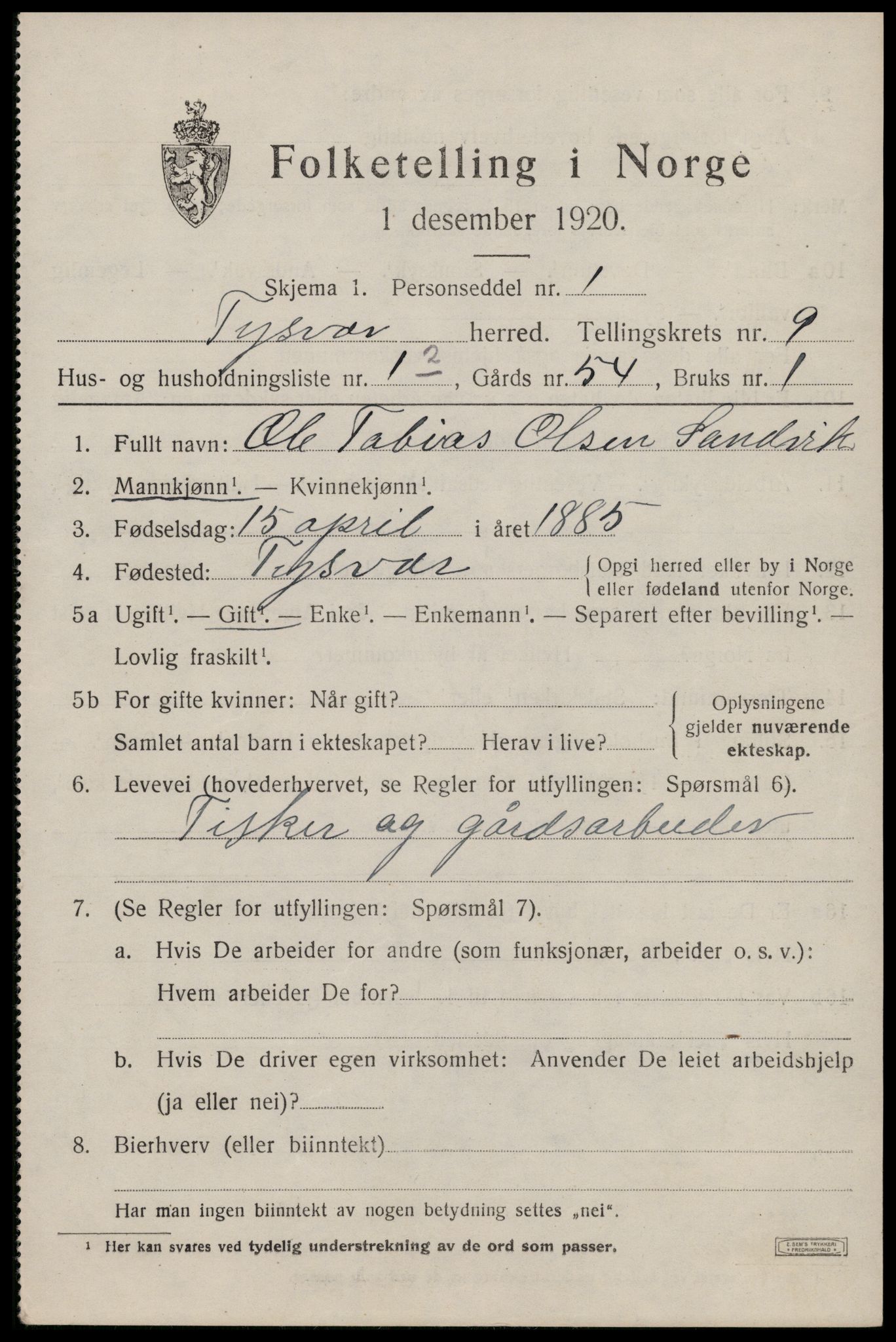 SAST, 1920 census for Tysvær, 1920, p. 3618