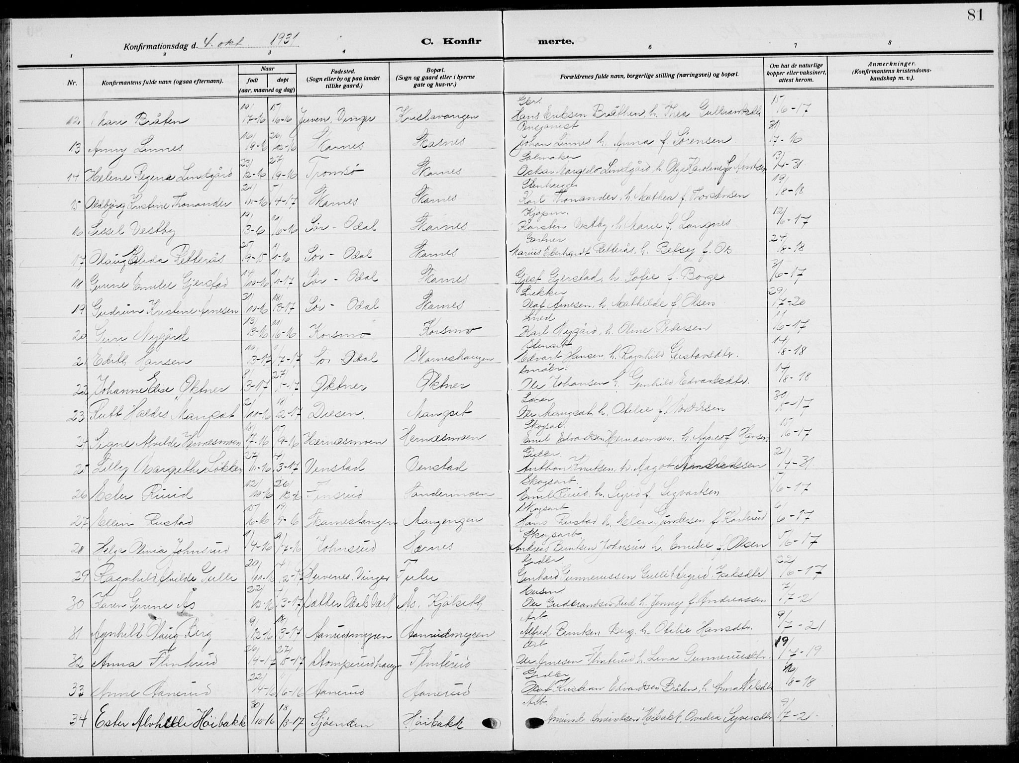 Sør-Odal prestekontor, AV/SAH-PREST-030/H/Ha/Hab/L0011: Parish register (copy) no. 11, 1922-1939, p. 81